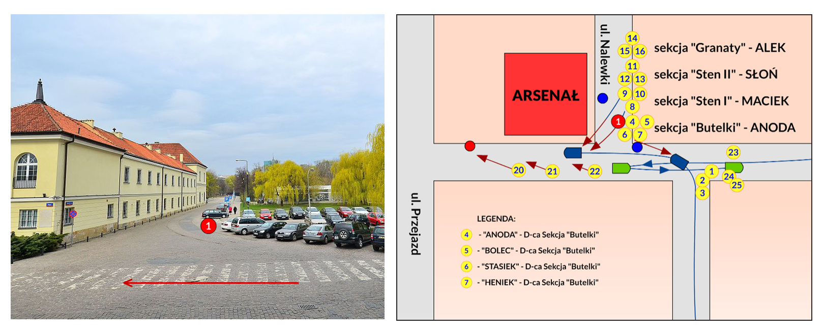 Plansza składa się z ilustracji po lewej stronie i fragmentu planu akcji po prawej stronie. Ilustracja przedstawia obecny układ ulicy Nalewki, przy której zgromadzili się uczestnicy akcji. Na zdjęciu zaznaczono czerwoną strzałką kierunek poruszania się więźniarki oraz w postaci czerwonego punktu z cyfrą 1 miejsce usytuowania sekcji „Butelki”, która zaatakowała nadjeżdżającą ciężarówkę. Na zdjęciu gmach Arsenału jest dwukondygnacyjnym budynkiem nakrytym czterospadowym dachem. Naprzeciwko przy ulicy Nalewki zlokalizowany jest parking pełen samochodów. W tyle fotografii widoczne są drzewa. Na pierwszym planie wzdłuż ulicy Długiej ciągnie się przejście dla pieszych. Po prawej stronie planszy znajduje się fragment planu akcji ruchu oporu. Ukazano zmianę kierunku jazdy więźniarki: zamiast skrętu w ul. Nalewki kierowała się ul. Długą w stronę ul. Przejazd. Pokazano, że na chodniku po prawej stronie, naprzeciwko Arsenału, byli rozstawieni, tworząc kolejne linie ataku, członkowie sekcji „Butelki”, dowodzonej przez „Anodę”, „Sten I”, dowodzonej przez „Maćka”, „Sten II”, dowodzonej przez „Słonia”, i „Granaty”, dowodzonej przez „Alka”. W legendzie oznaczono pozycje członków sekcji „Butelki”: dowódcy „Anody” i jego podkomendnych: „Bolca”, „Staśka” i „Heńka” oraz ustawienie sekcji „Ubezpieczenie Getto”: dowódcy „Tytusa” i jego podkomendnych: „Kapsiuta” i „Felka”.