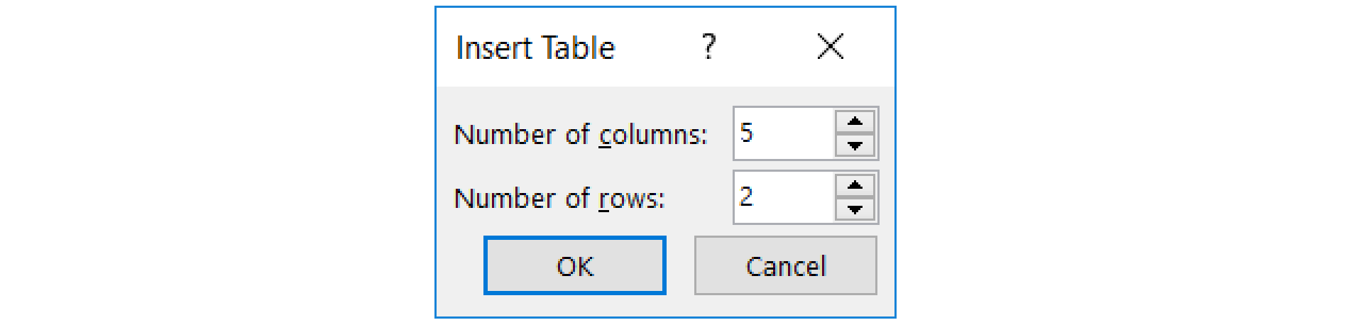 Zrzut z ekranu przedstawia formatkę Insert Table w programie PowerPoint. Napis Number of columns: obok lista wyboru z wartością 5. Poniżej napis Number of rows: obok lista wyboru z wartością 2. Na dole dwa przyciski OK oraz Cancel.