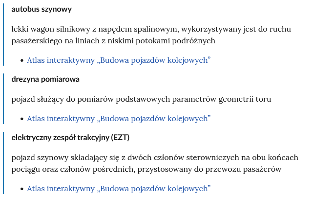Zrzut ekranu przedstawia kilka pojęć ze Słownika. Konstrukcja jest następująca: pojęcie, poniżej jego wyjaśnienie, a pod nim znajduje się link, po którego kliknięciu użytkownik przenosi się do rozdziału w tym materiale, w którym dane pojęcie jest wykorzystywane. Linków może być jeden lub kilka, w zależności od tego, w ilu rozdziałach użyto pojęcia.