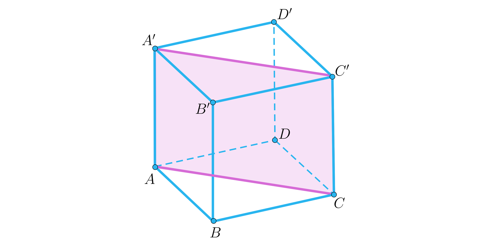 Ilustracja przedstawia sześcian A B C D A A prim B prim C prim D prim. Płaszczyzna przekroju w kształcie prostokąta przechodzi przez dwie krawędzie równoległych ścian bocznych A A prim  oraz C C prim. 