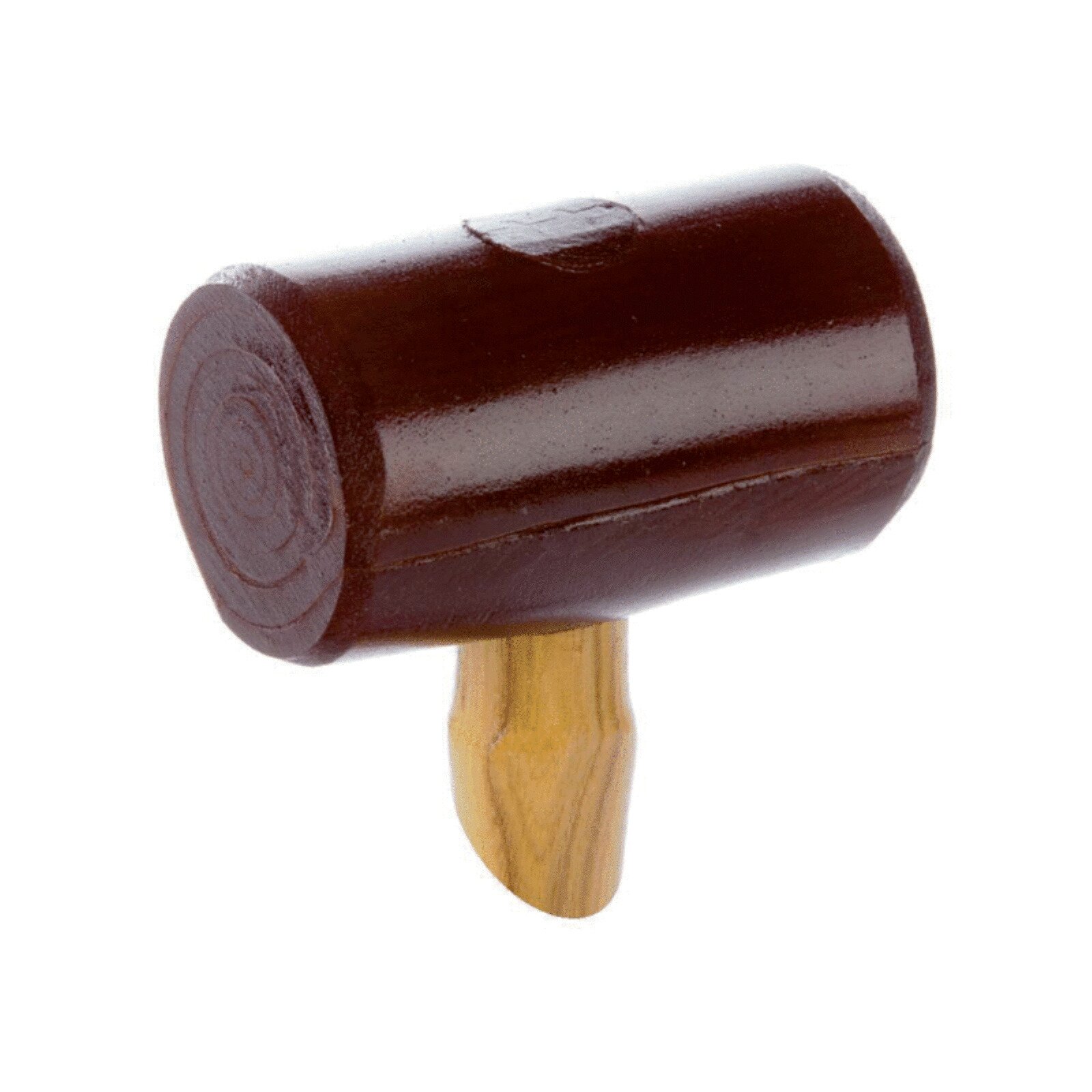 Fotografia przedstawia pobijak skórzany, czyli skórzany młotek używany przy pracach rzeźbiarskich. Pobijak ma krótką, jasną rękojeść wykonaną z drewna oraz gruby i skórzany obuch, przypominający bordowy walec. Tło jest białe.