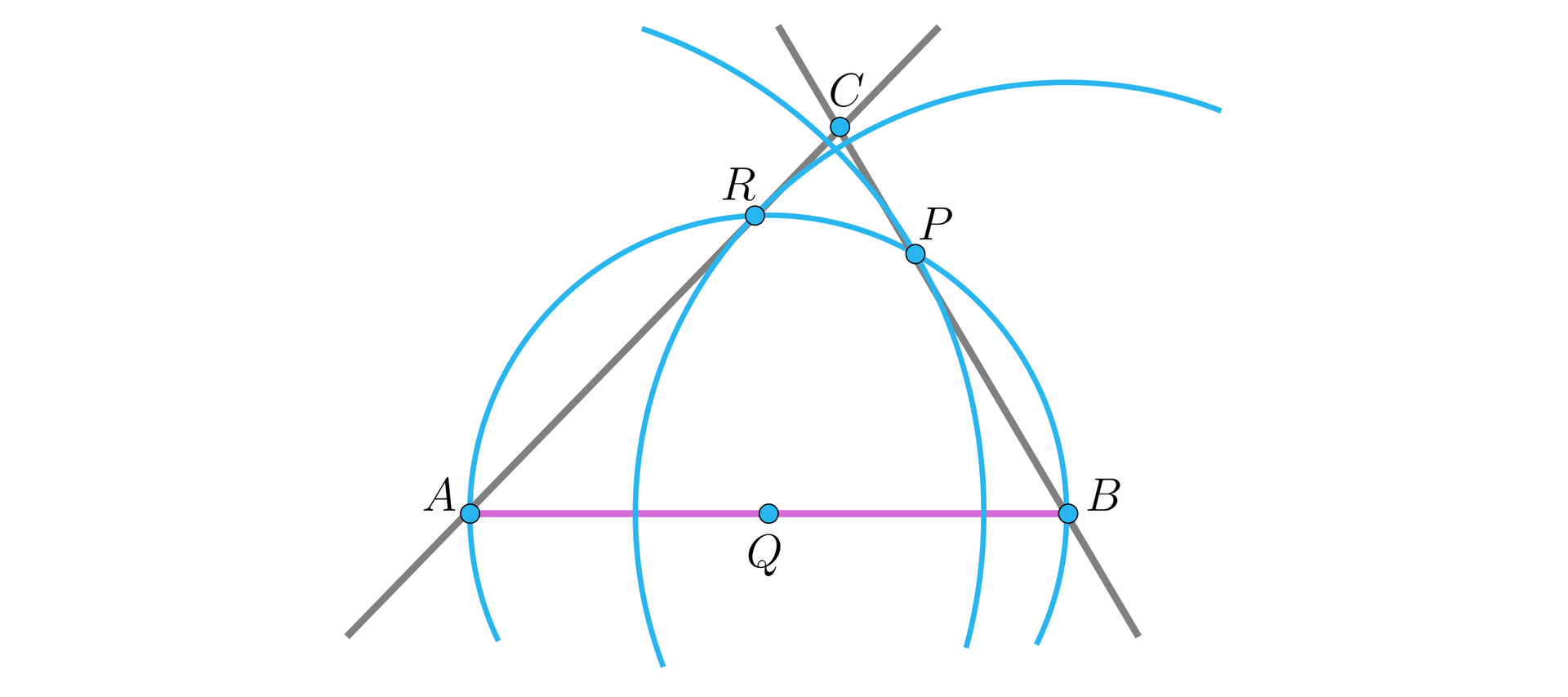 Ilustracja przedstawia trójkąt A B C. Odcinek A B jest średnicą okręgu ze środkiem w punkcie Q, który znajduje się na środku odcinka A B. Wierzchołek A jest środkiem łuku o promieniu h indeks dolny a koniec indeksu przecinającego okrąg o środku Q w punkcie P. Punkt P znajduje się na odcinku C B. Wierzchołek B jest środkiem łuku o promieniu h indeks dolny b koniec indeksu przecinającego okrąg o środku Q w punkcie R. Punkt R znajduje się na odcinku A C.