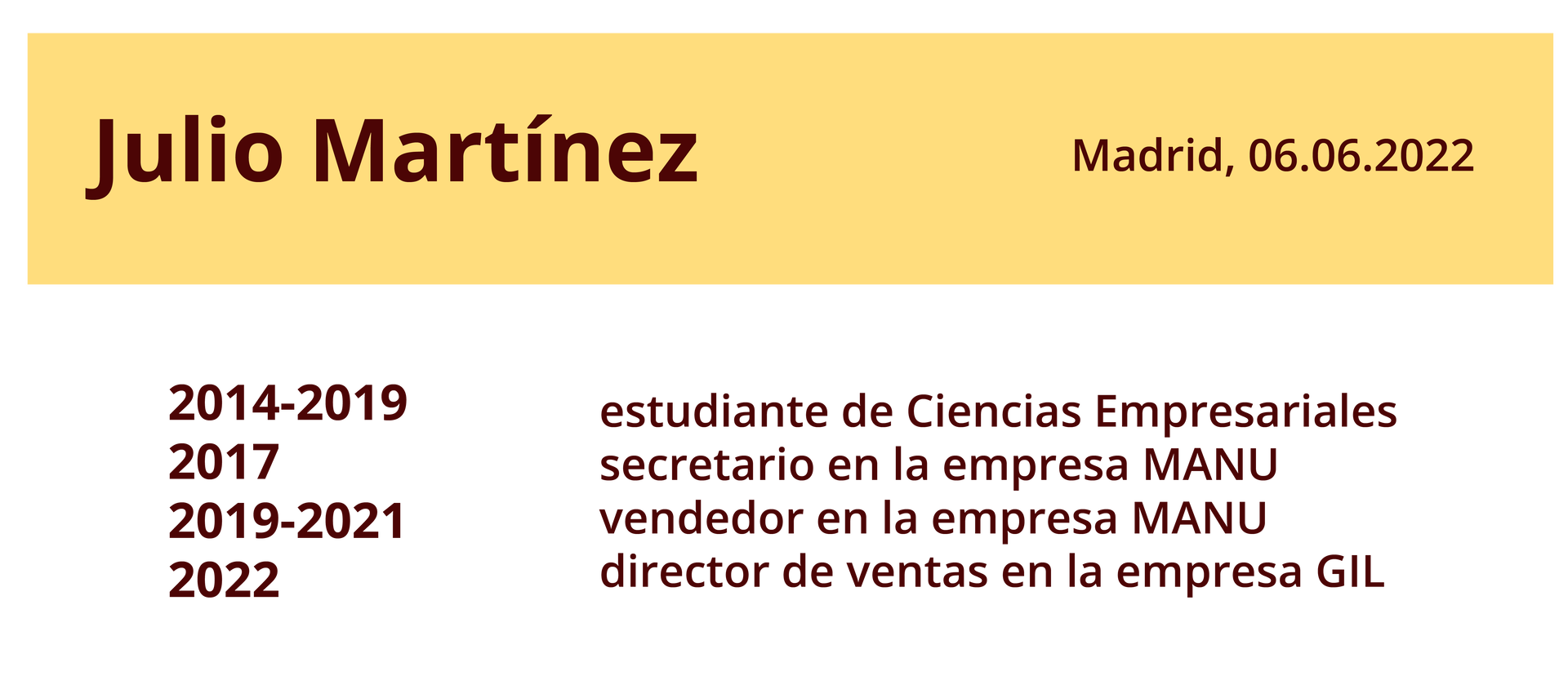 Ilustracja zawiera następujące informacje: Madrid, 06.06.2022. Julio Martínez. 2014‑2019: estudiante de Ciencias Empresariales;  2017: secretario en la empresa MANU; 2019‑2021: vendedor en la empresa MANU;  2022: director de ventas en la empresa GIL.
