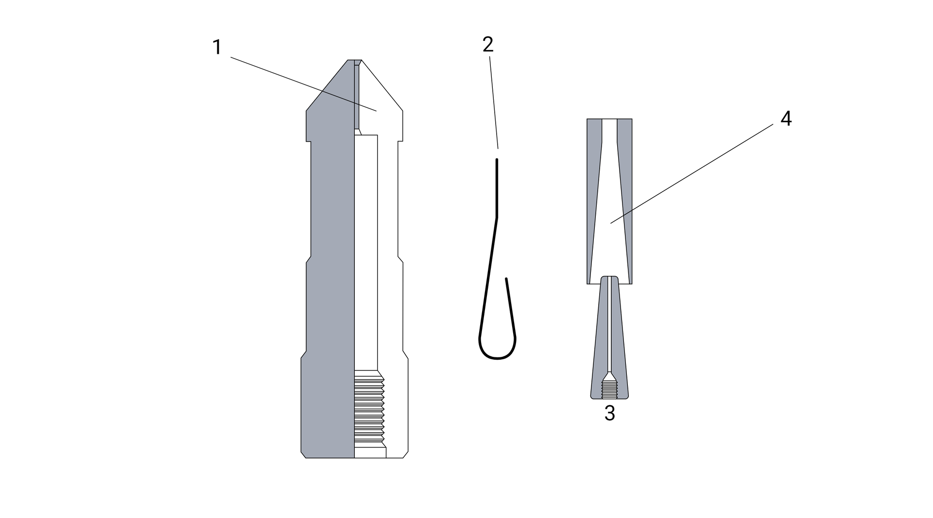 Schemat pasterki typu No‑knot style – łącznik charakteryzujący się prostym systemem zakucia pasterki, wykorzystujący mosiężny klin z nagwintowanym bilcem.1 – obudowa,2 – węzeł drutu,3 – klin,4 – rękaw.