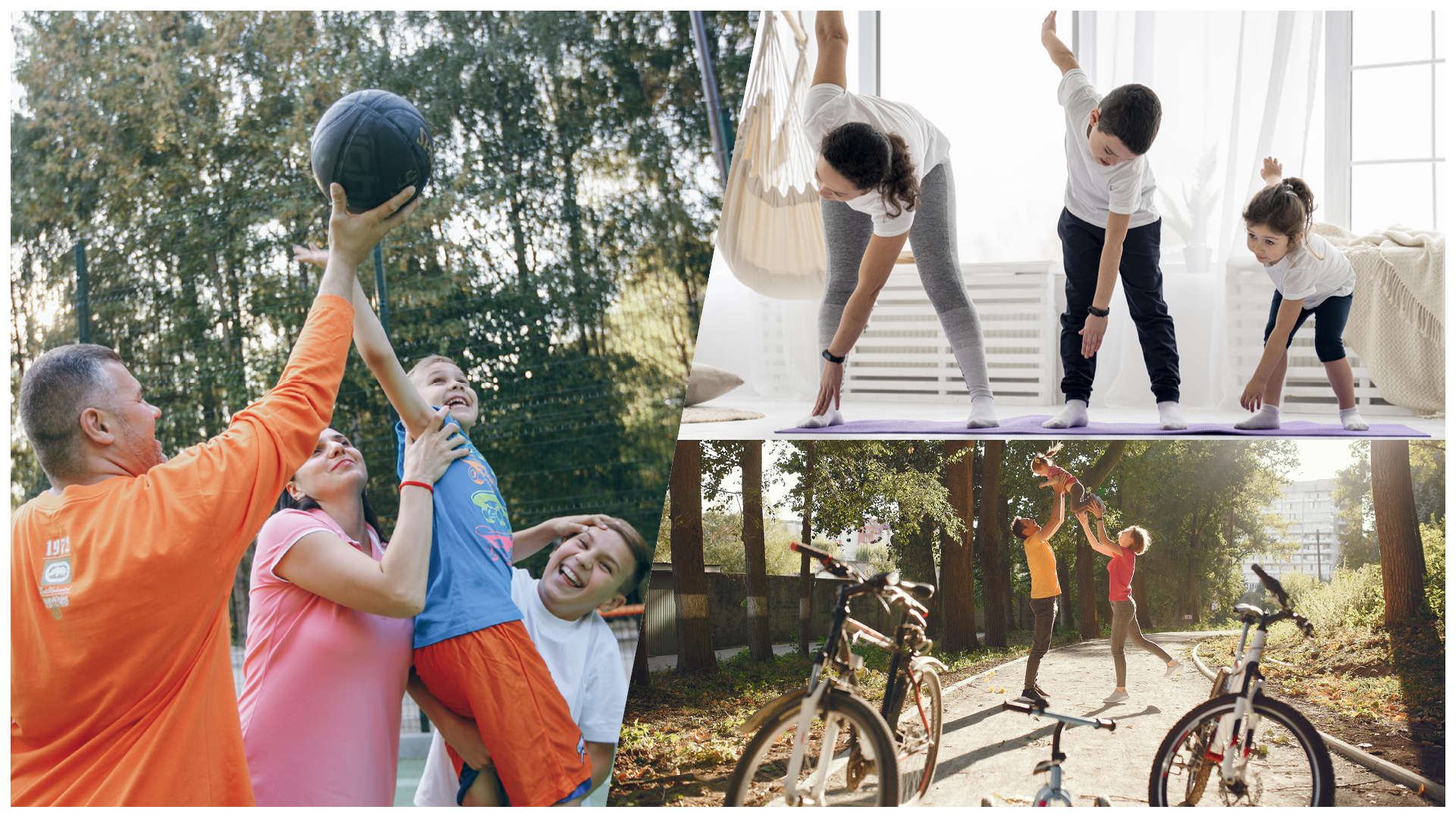 Ilustracja przedstawia kompilację trzech zdjęć: rodziny z dziećmi bawiącej się piłką do kosza, dwójki dzieci i kobiety ćwiczących na matach w pokoju oraz rodziców podrzucających dziecko na alejce, na której stoją ich rowery.