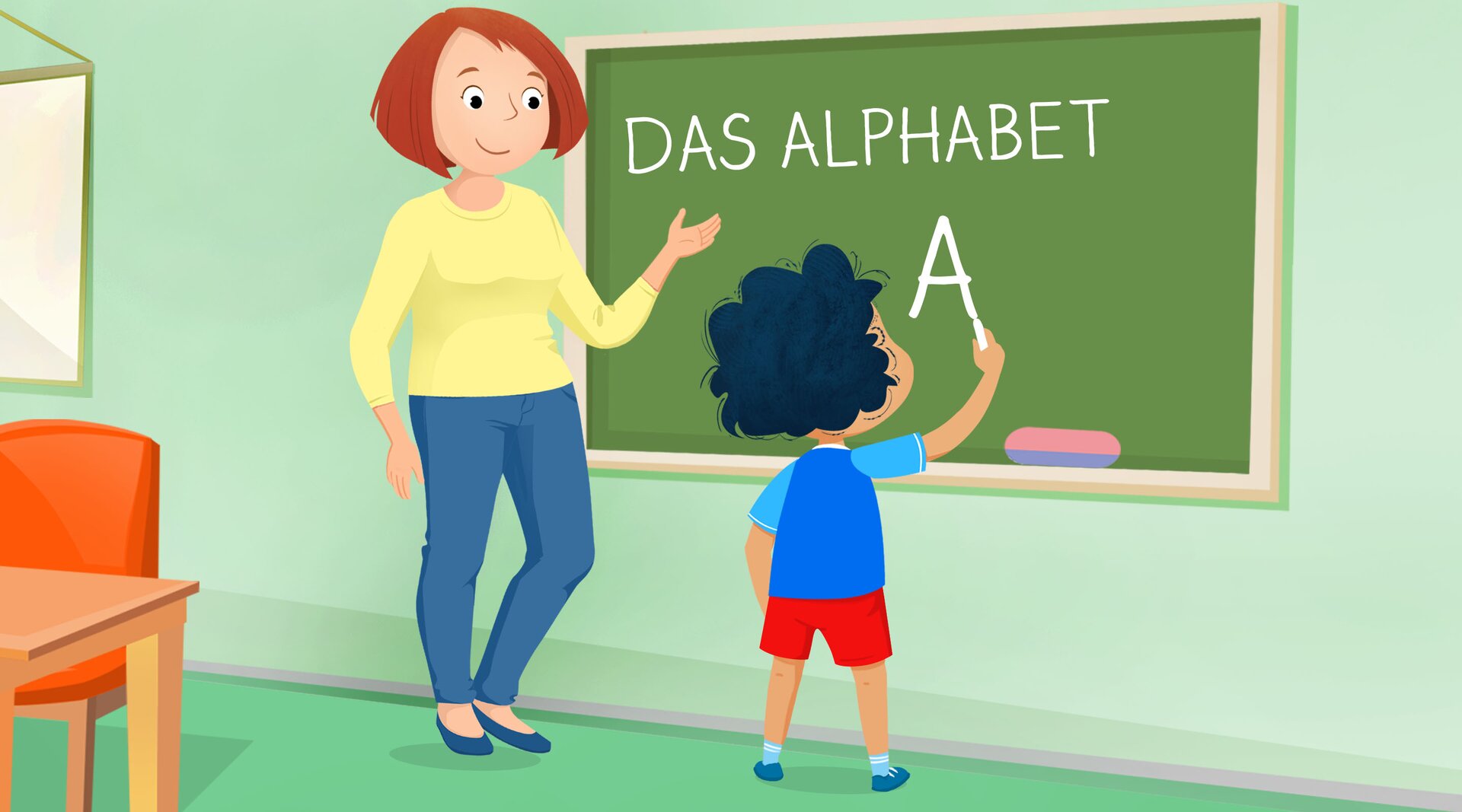 Na ilustracji znajdują się pani Kluge i Ben. Ben uczy się pisać literę A.