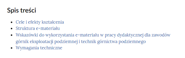 Zdjęcie przedstawia wypunktowaną listę tytułów części składowych przewodnika dla nauczyciela. Tytuły mają kolor niebieski 