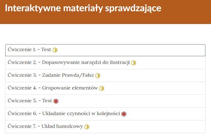 Przykładowy wygląd zakładek zawierających interaktywne materiały sprawdzające w formie listy.