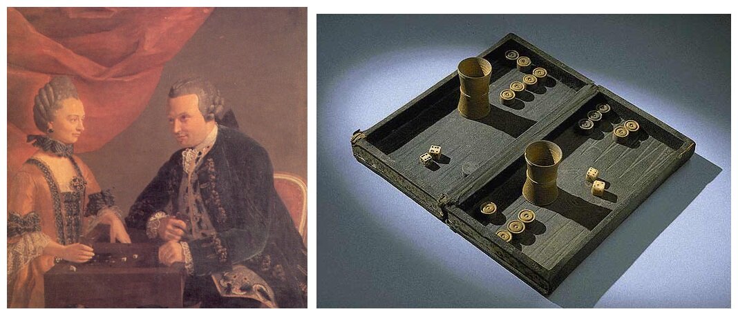 Ilustracja z dwoma elementami. Pierwszy obraz przedstawia kobietę i mężczyznę w dworskich strojach grających w tryktraka. Zdjęcie drugie prezentuje podzielone na dwie części pudełko z pionkami i kostkami do gry.