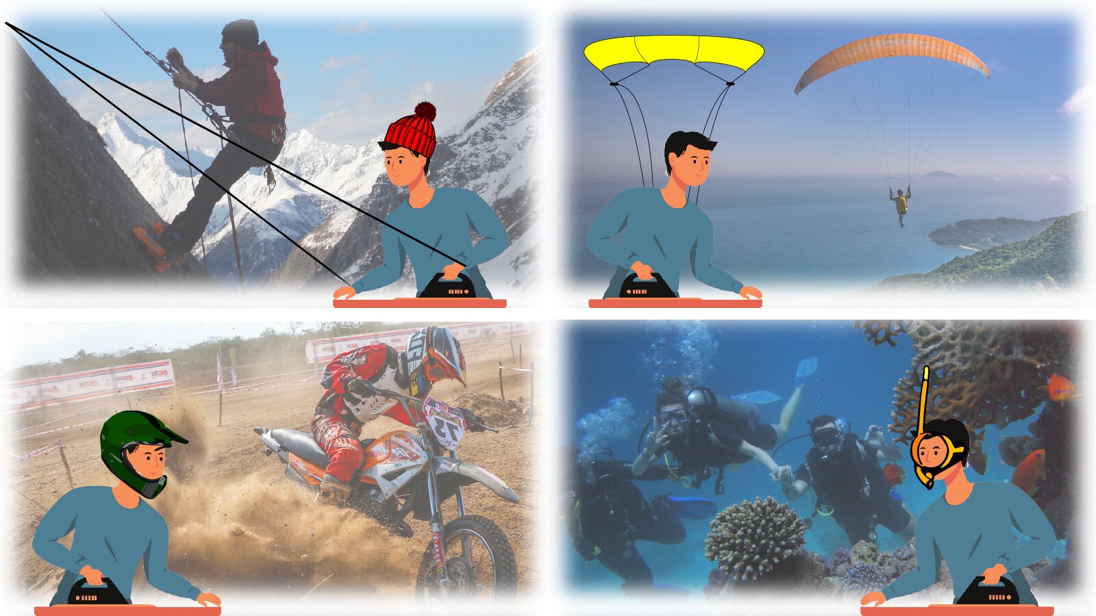 Ilustracja składa się z czterech obrazków. Pierwszy od góry przedstawia chłopca wspinającego się na górę, ma przymocowaną linę a w dłoni trzyma żelazko. Drugi obrazek przedstawia chłopca na paralotni, który trzyma żelazko. Następny obrazek od dołu przedstawia chłopca na motokrosie, który również trzyma w dłoni żelazko. Ostatni obrazek przedstawia chłopca, który snurkuje mając w dłoni żelazko.   