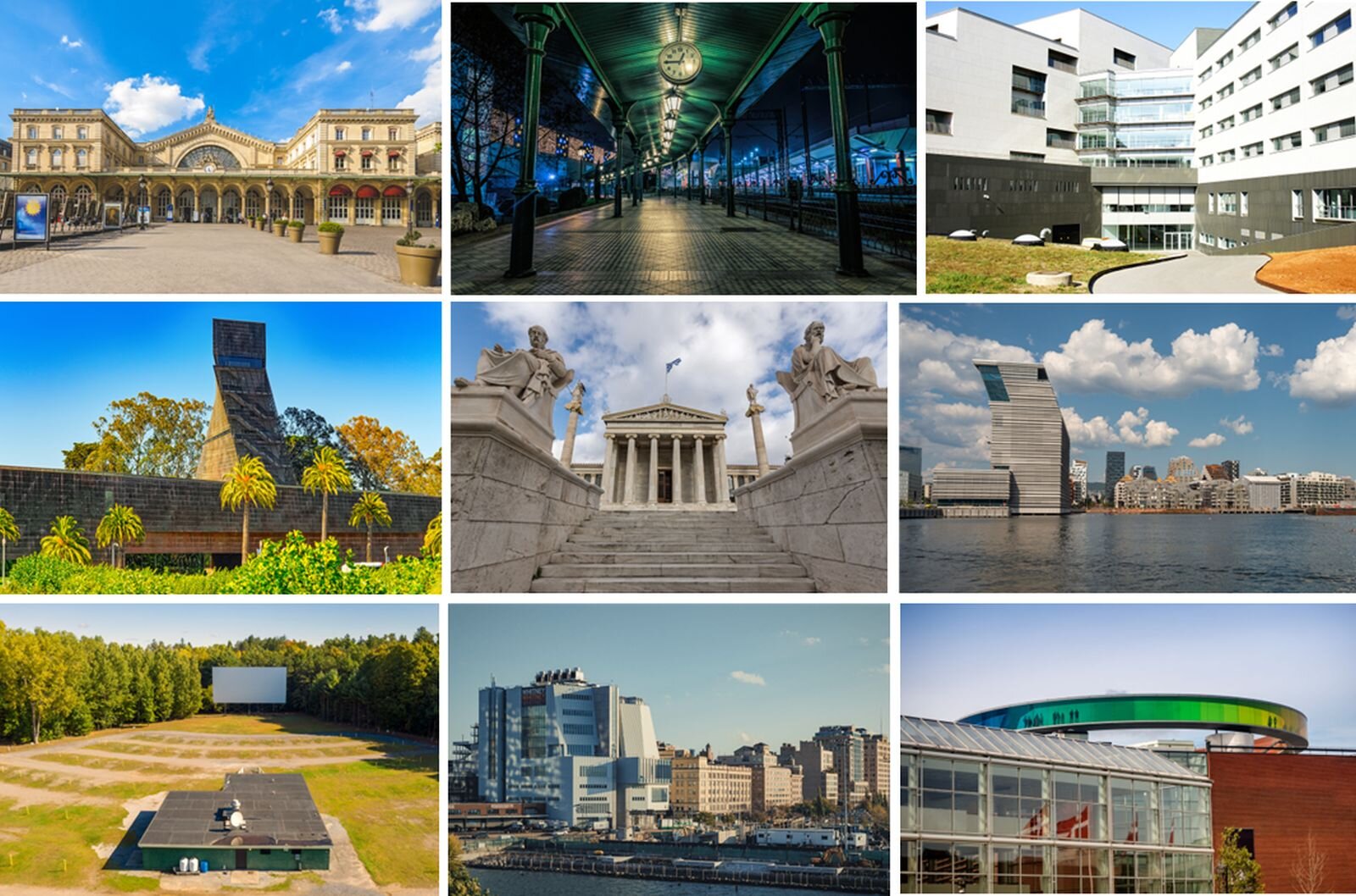 Ilustracja przedstawia budynki użyteczności publicznej, przedstawione na 9 mniejszych fotografiach. Są wśród nich: urzędy, banki, szpitale, muzea, kina, dworce.