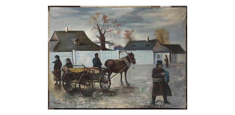 Ilustracja przedstawia ulicę w małym mieście. Bruk jest mokry. Środkiem ulicy jedzie wóz prowadzony przez jednego konia. Woźnica jest dojrzałym mężczyzną. Jest odwrócony do nas tyłem. Dwie kobiety mijają wóz. Są ubrane w ciemne płaszcze i spódnice sięgające połowy łydek. Głowy mają przewiązane chustami. Po prawej stronie stoi dojrzały brodaty mężczyzna. Szeroko rozstawia nogi. Pochyla głowę. Na głowie ma czapkę. Jest ubrany w ciemny płaszcz. Na nogach ma wysokie buty. W głębi stoi dość wysoki drewniany płot. Zza niego wystają dachy domów. Między domami rosną drzewa częściowo pokryte pożółkłymi i czerwonymi liśćmi. Niebo w tle jest ciemne, gęsto zachmurzone.