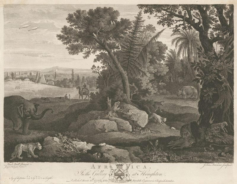 Ilustracja przedstawia afrykańską dżunglę. Pośród bujnej roślinności przechadzają się zwierzęta: słoń, lwy, gepardy i nosorożec. Po drzewie po prawej stronie wspina się małpa. Na jego szczycie siedzą papugi. Po lewej stronie w tle mężczyzna jedzie na wielbłądzie. Dalej znajdują się fragmenty murowanych zabudowań oraz drzewa. Pod ilustracją jest napis w języku angielskim z nagłówkiem: Africa.
