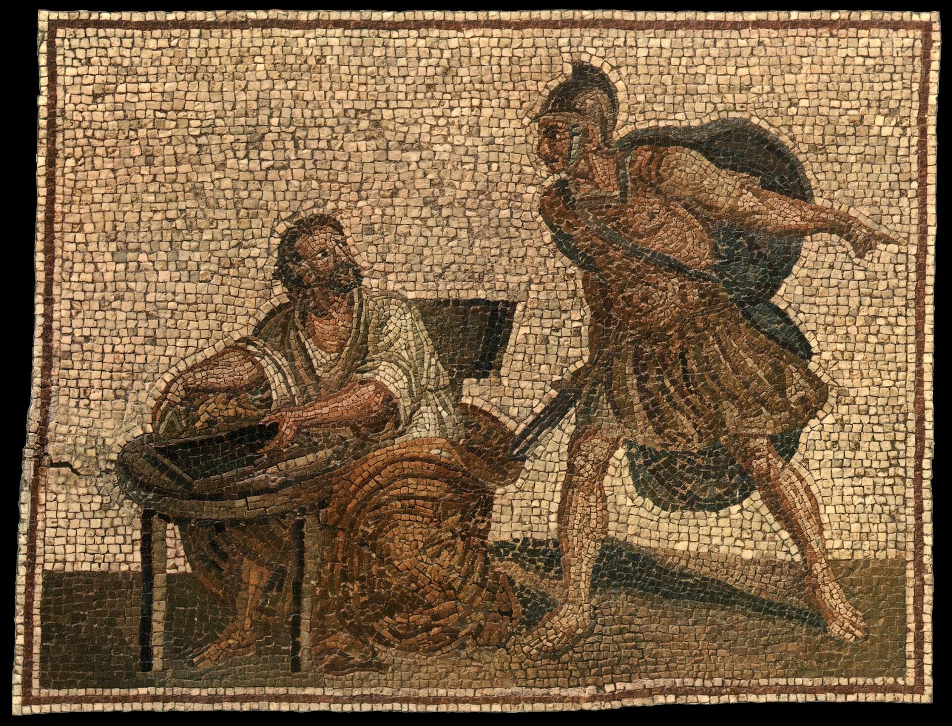 Ilustracja przedstawia mozaikę zatytułowaną „Archimedes i rzymski legionista”. W centrum ukazana jest postać mężczyzny w lekkiej zbroi, hełmie, z mieczem oraz dużą tarczą na plecach. Jest zwrócony w kierunku siedzącego przy stoliku Archimedesa. Uczony ubrany jest w białą szatę. Trzyma leżące na stoliku liczydło. Legionista gestem wskazuje mu wyjście.