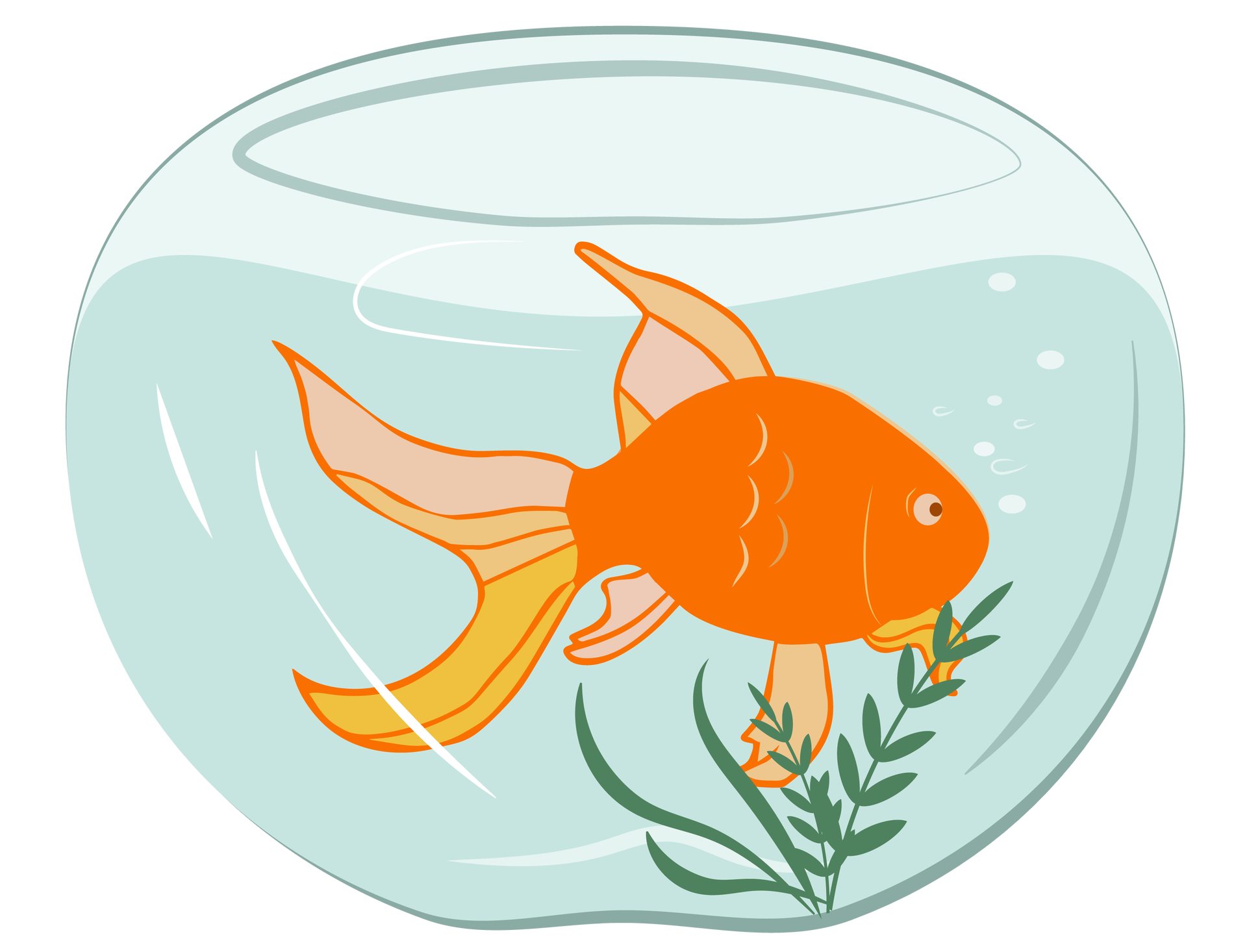 Ilustracja przedstawia pomarańczową rybkę, która pływa w kulistym akwarium. Z jej pyszczka wydostają się bańki powietrza, z dna wyrasta roślina.