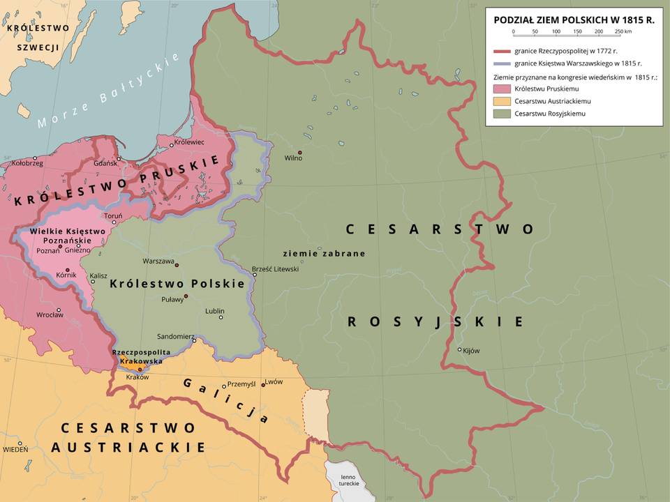Mapa przedstawia podział ziem Polskich w 1815 roku. Granice Rzeczpospolitej w 1772 roku przebiegały przez granicę z Litwą, Ukrainą, Białorusią, Słowację. Granice Królestwa Polskiego w 1815 roku sięgały centralnej, południowej oraz częściowo północno‑wschodniej Polski. Ziemie przyznane na kongresie wiedeńskim w 1815 roku:  Królestwu Polskiemu, obejmowały północne tereny obecnej Polski z wyłączeniem Wielkiego Księstwa Poznańskiego.  Cesarstwu Austriackiemu, obejmowały tereny Galicji, aż do Sandomierza.  Cesarstwu Rosyjskiemu, to cesarstwo zawłaszczyło całe ziemie Królestwa Polskiego.