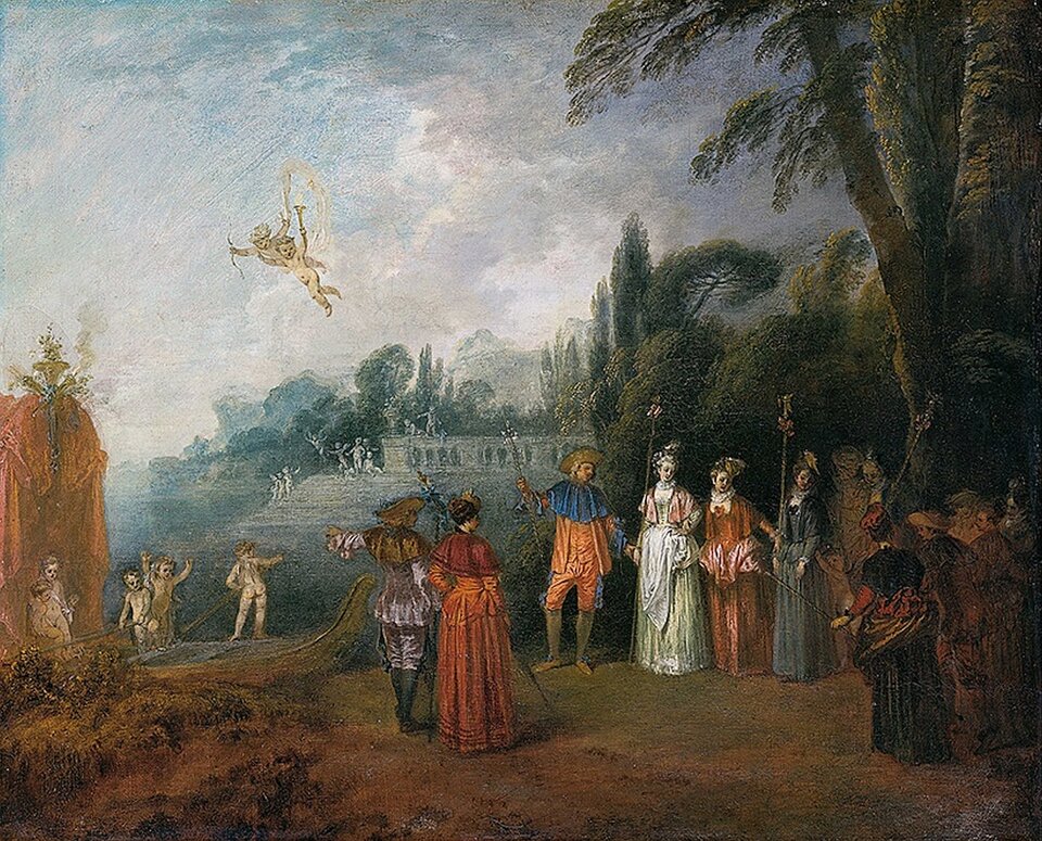 Antoine Watteau, „Odjazd na Cyterę”. Na obrazie przedstawiona jest gromada ludzi przygotowujących się do przeprawy na wyspę Cyterę. Po prawej stronie wśród drzew umieścił grupkę kobiet i mężczyzn. Wszyscy stoją swobodnie, rozmawiając. Po lewej stronie artysta ukazał postacie nagich amorków, w oddali widać wody zatoki. 