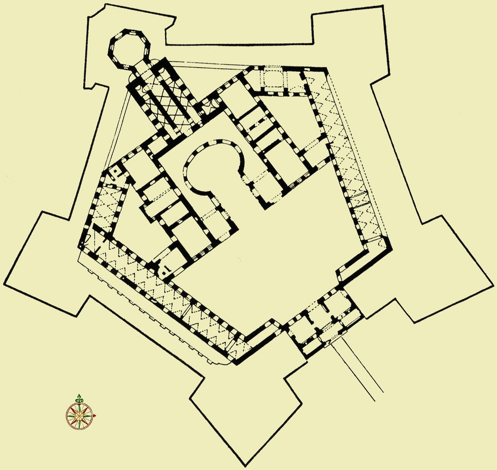 Ilustracja przedstawia plan Krzyżtoporu. Plan ruin powstałej w latach 1627–1644 rezydencji pałacowej otoczonej fortyfikacjami bastionowymi położonej w miejscowości Ujazd w województwie świętokrzyskim. Była to największa budowla pałacowa w Europie przed powstaniem Wersalu.