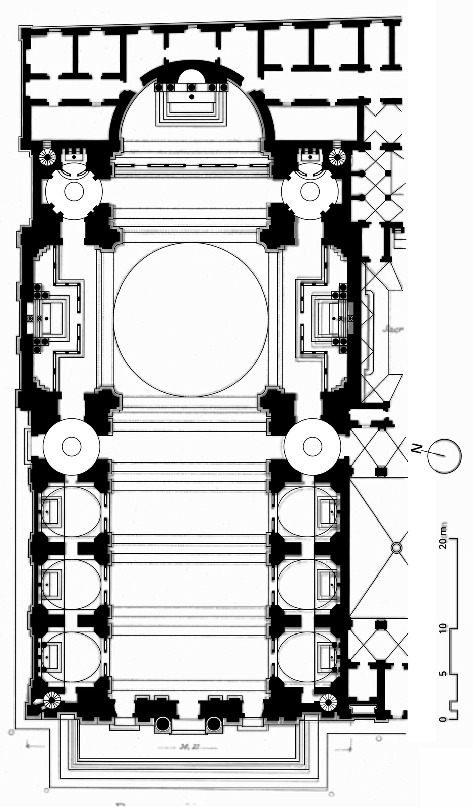 Ilustracja przedstawia plan kościoła Il Gesù.  W planie kościół jest budowlą jednonawową, z transeptem nieznacznie wysuniętym poza korpus i płytkim, prostokątnym prezbiterium zamkniętym apsydą i flankowanym dwoma aneksami. Do nawy i transeptu przylegają kaplice boczne. Nawa i kaplice sklepione są kolebkowo, a na skrzyżowaniu nawy i transeptu znajduje się kopuła. 
