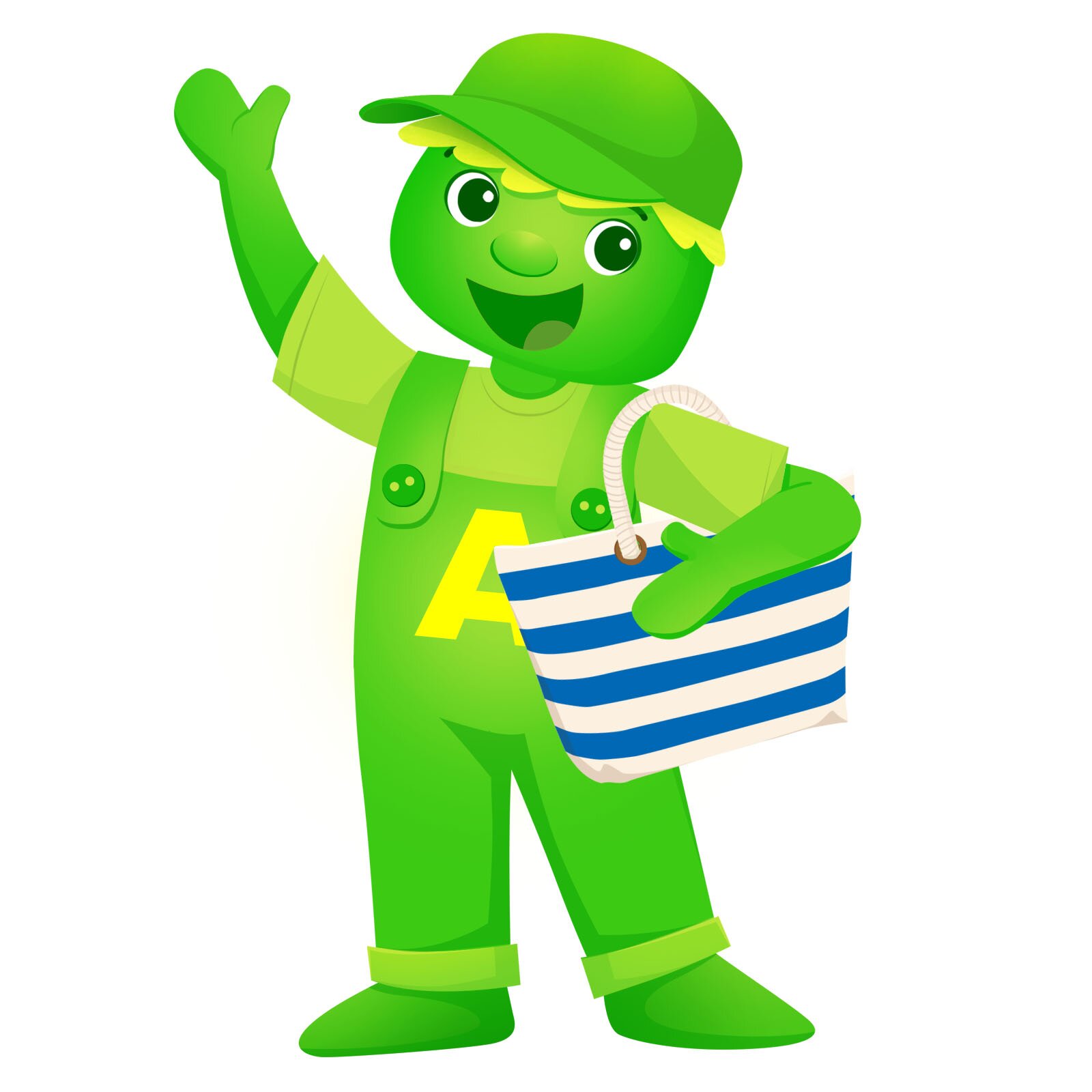 Ilustracja przedstawia Ampla z plażową torbą.