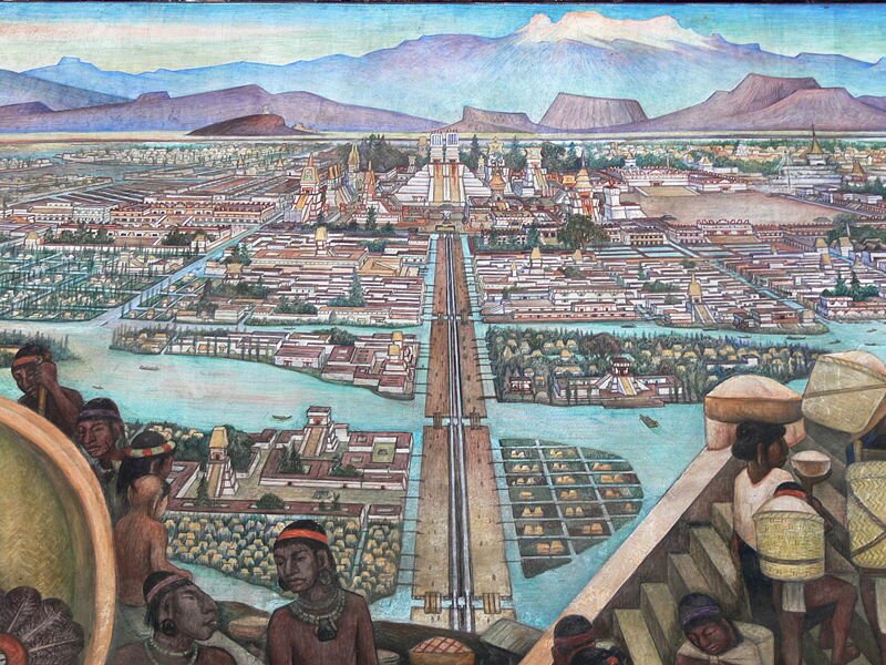obraz przedstawia wyobrażenie miasta Tenochtitlan