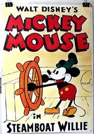 Ilustracja przedstawia plakat z Myszką Mickey, myszka uśmiecha się. Trzyma ster statku. Podpis na plakacie: Steamboat willie, Walt Disney Mickey Mouse.