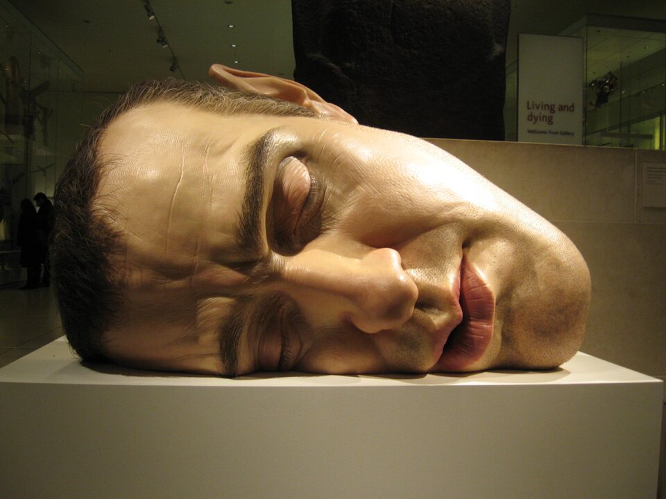 Ilustracja przedstawia rzeżbę Ron Mueck'a, „Maska II” („Autoportret”). Jest to gigantyczna, leżąca głowa śpiącego mężczyzny, ułożona na podeście. Leży na prawym policzku. Przestawia mężczyznę w średnim wieku, o krótkich ciemnych włosach i głębokich zakolach. Na rzeźbie autor umieścił zmarszczki mimiczne. Skóra została wykonana z silikonu i wygląda naturalnie.