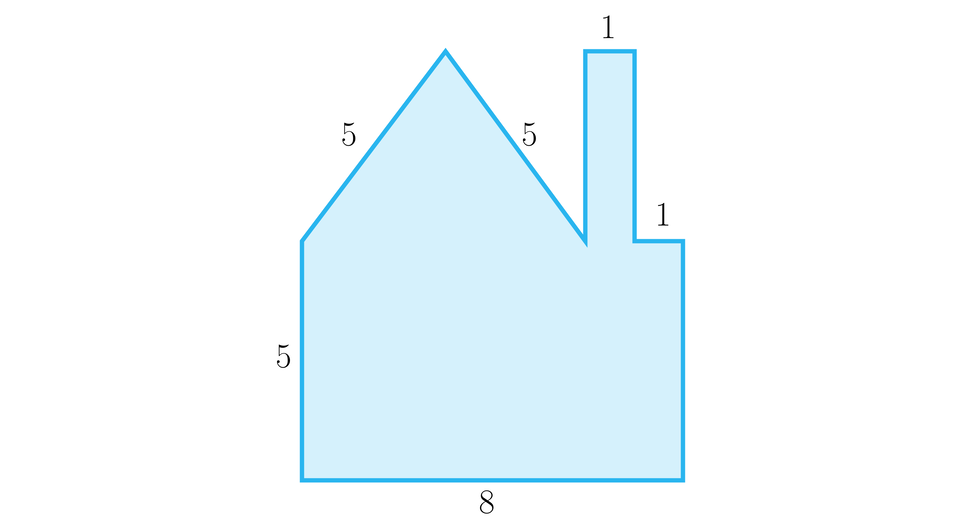 Ilustracja przedstawia figurę przypominającą domek z kominem. Podstawą figury jest prostokąt o wymiarach pięć na osiem. Na jego górnej podstawie znajduje się trójkąt równoramienny w którym ramiona mają długość pięć,  zaraz na prawo od trójkąta znajduje się prostokąt o wymiarach cztery na jeden, następnie znajduje się koniec górnej podstawy prostokąta o długości jeden. 