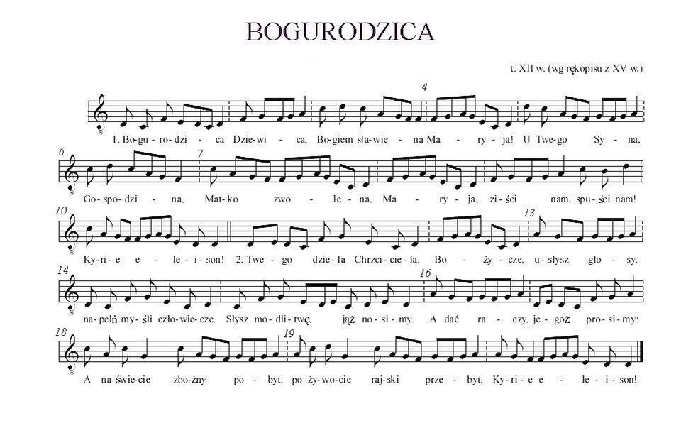 Ilustracja przedstawia „Bogurodzica”, zapis nutowy, a pod nim tekst Bogurodzicy.