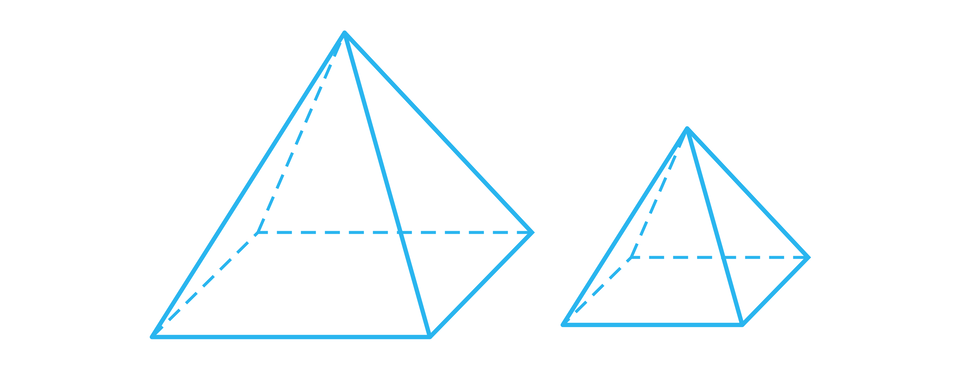 Ilustracja przedstawia dwa ostrosłupy o podstawie czworokąta. Jeden z nich jest większy a  drugi mniejszy. 