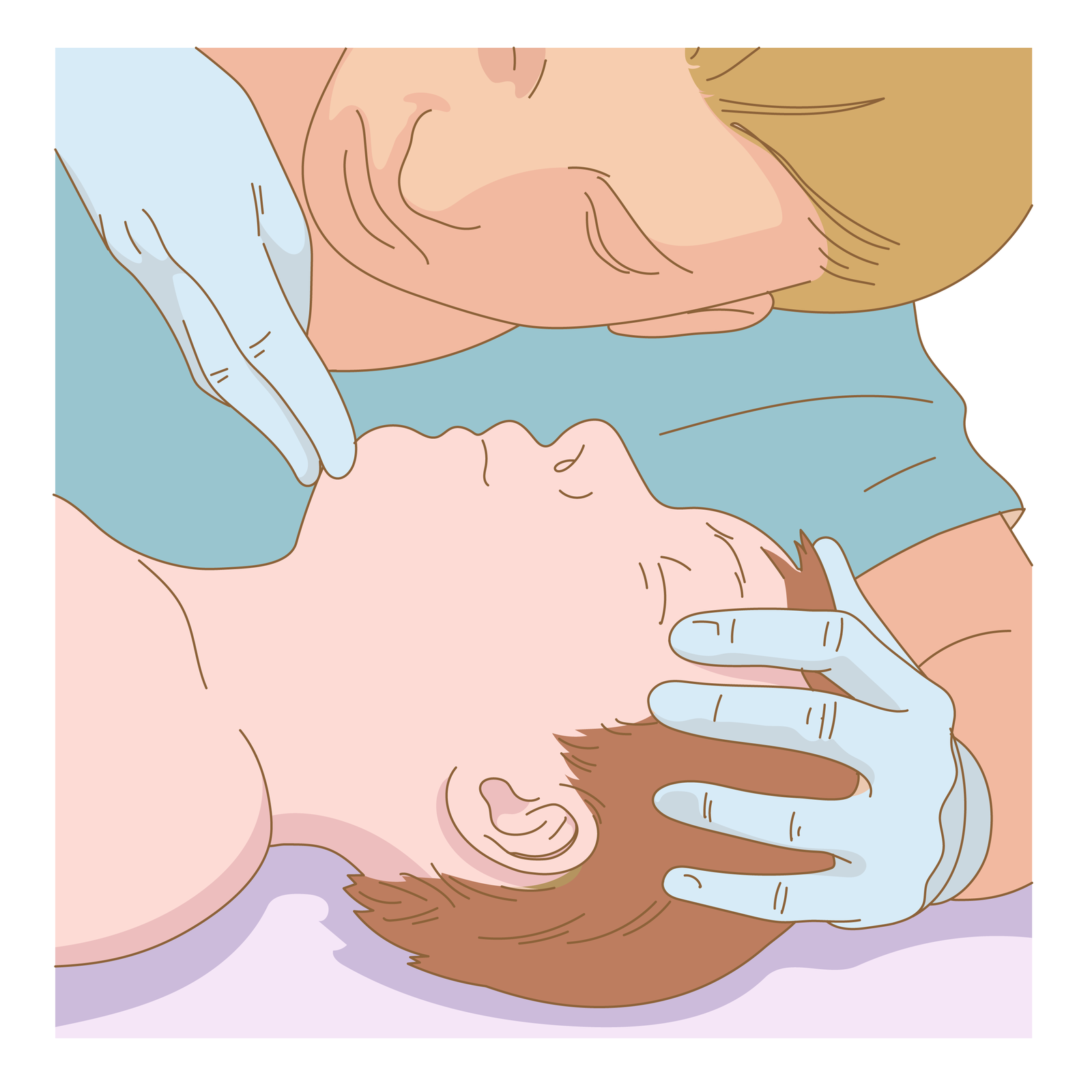 Ilustracja przedstawia głowę dziecka odchyloną do tyłu. Sanitariusz przytrzymuje jedną ręką głowę dziecka. Dwoma palcami drugiej ręki unosi brodę. Usta dziecka zamknięte. Głowa sanitariusza skierowana w stronę klatki piersiowej dziecka.