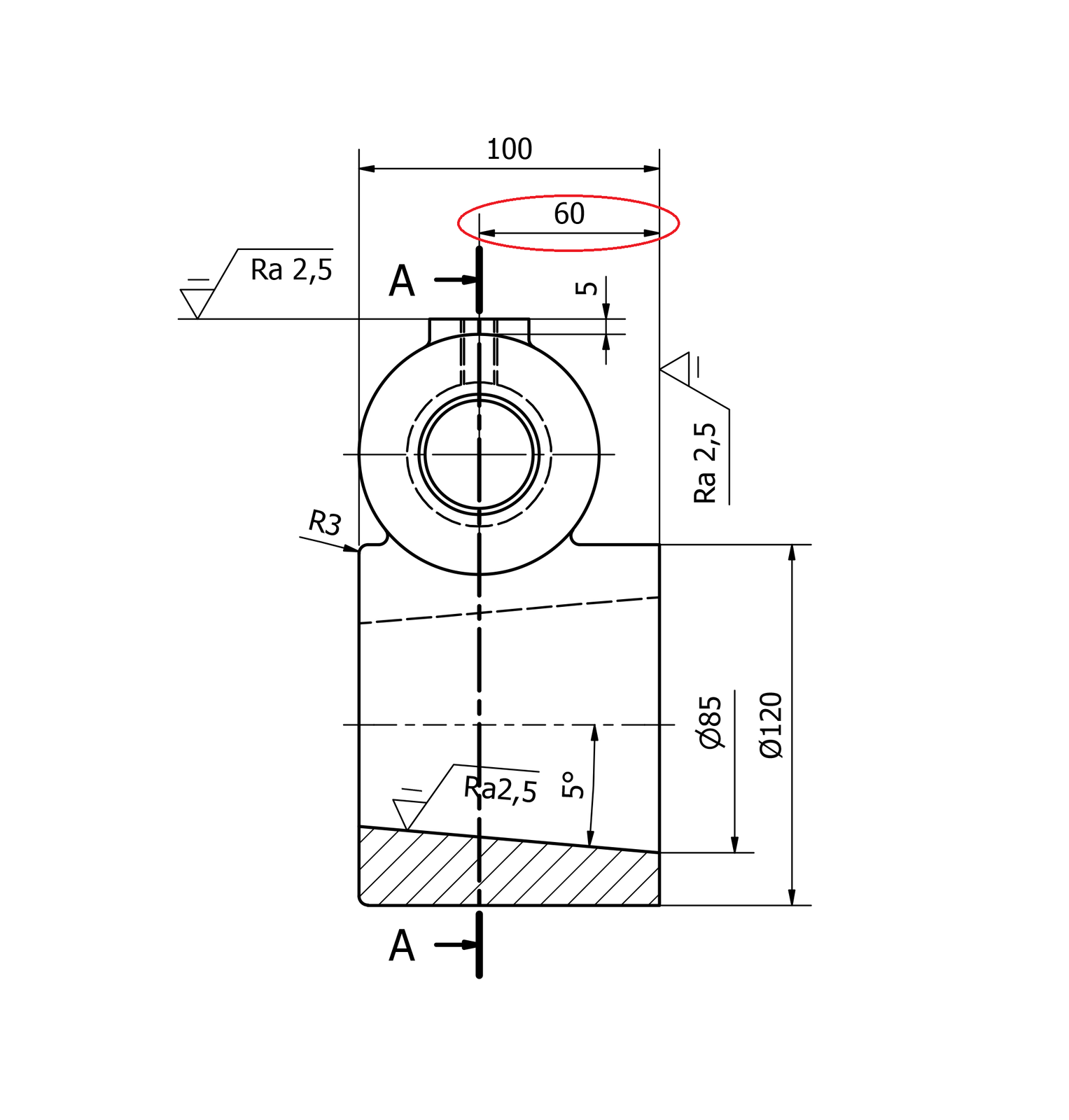 Na ilustracji przedstawiony jest fragment rysunku technicznego, który przedstawia dwa koła, jedno wewnątrz drugiego. Na środku nad kołem zaznaczaną jest przekrój dużą literą A. Między przekrojem, a dodatkową prostą na czerwono zaznaczona jest odległość sześćdziesięciu milimetrów. Jest to wymiar zewnętrzy z jednostronnym naddatkiem. 