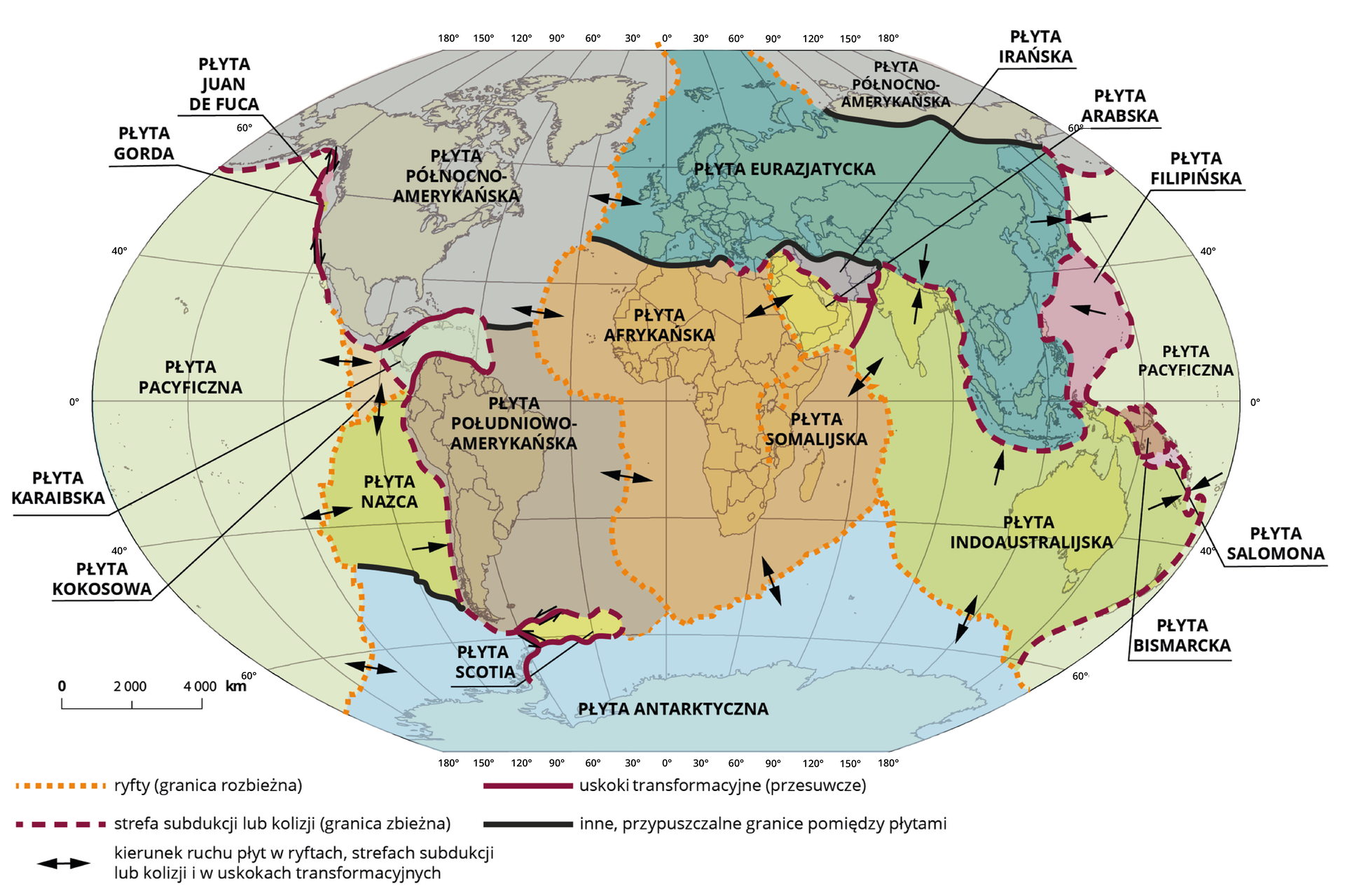 Na owalnej mapie świata zaznaczono płyty tektoniczne. Na dole, kolorem błękitnym zaznaczono Płytę Antarktyczną obejmującą kontynent Antarktyki i część oceanu wokół niej. Po jej lewej stronie żółtymi kropkami zaznaczono ryft oddzielający ją od Płyty Pacyficznej koloru jasnofioletowego, obejmującej teren Oceanu Spokojnego. Na ryfcie znajdują się strzałki obrazujące kierunek rozejścia się płyt do zewnątrz. Do Płyty Pacyficznej i Antarktycznej przylega Płyta Nazca zaznaczona żółtozielonym kolorem. Obejmuje ona teren zachodniego brzegu Ameryki Południowej. Nad nią znajdują się dwie mniejsze płyty. Płyta Kokosowa koloru różowego i Płyta Karaibska koloru błękitnego. Obejmują one tereny wokół Ameryki Środkowej. Wzdłuż zachodniego brzegu Ameryki Południowej znajduje się strefa subdukcji lub kolizji, zaznaczona fioletową, przerywaną linią. Na niej znajdują się strzałki w prawą stronę, ukazujące ruchy płyt. Za strefą zaznaczoną przerywaną fioletową linią znajduje się Płyta Południowo‑Amerykańska, zaznaczona kolorem fioletowym. Obejmuje teren Ameryki Południowej i południowo‑zachodniej części Atlantyku. Pomiędzy nią, a Płytą Antarktyczną znajduje się niewielka Płyta Scotia zaznaczona kolorem żółtym. Powyżej Płyty Południowo‑Amerykańskiej znajduje się Płyta Północno‑Amerykańska zaznaczona kolorem ciemnofioletowym. Obejmuje ona tereny Północnej Ameryki, Północnej części Rosji i północno‑zachodniego Atlantyku. Płytę Północno‑Amerykańską od Płyty Pacyficznej rozdzielają uskoki transformacyjne, zaznaczone długą ciemnofioletową linią. W okolicy granicy Stanów Zjednoczonych i Kanady, po jej zachodniej stronie zostały zaznaczone płyty: Gorda i Juana de Fucana. Po wschodniej strony Płyty Północno‑Amerykańskiej znajdują się ryfty z zaznaczonymi kierunkami ruchów płyt. Za ryftem znajduje się płyta Euroazjatycka zaznaczona kolorem niebieskim. Obejmuje ona tereny Europy i całej Azji, wyłączając Indie, bliski Wschód i północ Rosji. Na południu od Płyty Euroazjatyckiej znajduje się płyta Afrykańska zaznaczona kolorem pomarańczowym. Na wschodzie jej częścią jest Płyta Somalijska. Płyta Afrykańska obejmuje swoim zasięgiem teren Afryki, południowo‑wschodniego Atlantyku i zachodnią część Oceanu Indyjskiego. Od innych płyt, Płyta Afrykańska oddzielona jest ryftami, na których są strzałki wskazujące ruchy płyt do zewnątrz. Na północnym wschodzie od Afryki zaznaczona jest kolorem żółtym płyta Arabska, obejmująca zasięgiem większą część Bliskiego Wschodu, od Arabii Saudyjskiej po Turcję. Między Płytą Arabską, a Euroazjatycką znajduje się niewielka płyta Irańska, obejmująca tereny Iranu i Iraku, zaznaczona na mapie kolorem fioletowym. Płyta Afrykańska od wschodu, ryftem, graniczy z Płytą Indoaustralijską, zaznaczoną kolorem zielonożółtym. Obejmuje ona tereny Indii, Oceanu Indyjskiego i Australii. Pomiędzy północno‑wschodnią częścią Płyty Indoaustralijskiej, a Płytą Pacyficzną, znajdują się Płyta Bismarcka zaznaczona na purpurowo i niewielka Płyta Salomona zaznaczona na fioletowo. Pomiędzy płytami Euroazjatycką, a Pacyficzną wydzielona strefami subdukcji lub kolizji została Płyta Filipińska, zaznaczona na mapie kolorem różowym. Obejmuje część Filipin i Pacyfiku.
