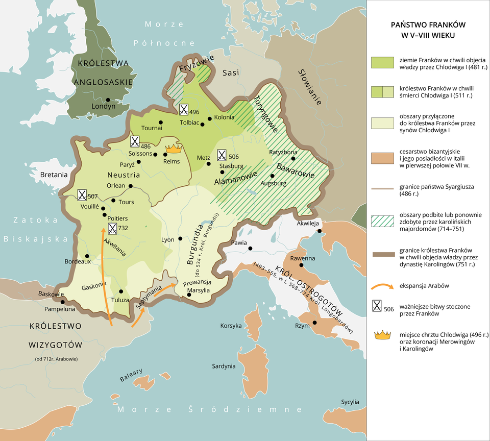 Mapa przedstawia Państwo Franków od piątego do ósmego wieku.  W momencie objęcia władzy przez Chlodwiga pierwszego w 481 roku Frankowie kontrolowali obszar Belgii i terenów na południe od niej, południowo wschodnich Niderlandów oraz terenu wokół Kolonii. W 511 roku w momencie śmierci Chlodwiga pierwszego Państwo Franków powiększyło swoje tereny o północno zachodnią Francję i tereny wokół Metz i Strasburgu.  Synowie Chlodwiga pierwszego włączyli do państwa Franków Austrię, Bawarię, centralny Obsza Niemiec, Burgundię i Gaskonię. Cesarstwo Bizantyjskie w pierwszej połowie siedemnastego wieku kontrolowało Dalmację, Istrię, Sycylię, Korsykę, Sardynię, Baleary, południowy obszar półwyspu Iberyjskiego i fragmenty półwyspu Apenińskiego.  W 486 roku państwo Syargiusza zajmowało obszar północnej Francji.  W momencie objęcia władzy przez dynastię Karolingów, królestwo Franków kontrolowało Belgię, Niderlandy, Austrię, centralne i południowe Niemcy oraz cały obszar Francji z wyjątkiem Bretanii. W 496 roku w Reims doszło do chrztu Chlodwiga, w tej miejscowości odbywały się również koronacje Merowingów i Karolingów.  W tym okresie Arabowie dokonywali licznych ataków z półwyspu Iberyjskiego na południową Francję.  Od 714 do 751 roku karolińscy majordomowie przejęli kontrolę nad Austrią, Bawarią, częścią Niemiec i fragmentami Niderlandów. 