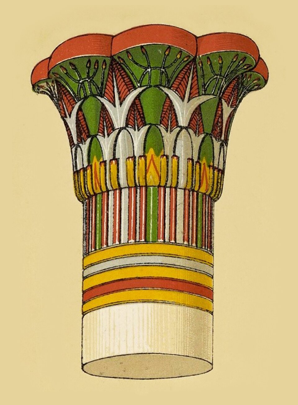 Ilustracja przedstawia głowicę kolumny w stylu papirusowym. Głowica swoim kształtem nawiązuje do rośliny papirusu. Jest podzielona na cztery sekcje: od dołu - zółto czerwone poziome pasy, nieco wyżej pomarańczowo zielone pionowe pasy. Dolna część głowicy składa się z biało zielonych elips pomalowanych częściowo na zielono, biało i żółto. Szczyt głowicy to ornamenty swoim kształtem nawiązujące do liści - są białe i zielone. Rysunek głowicy umieszczony został na żółtym tle.