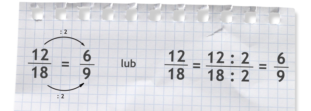 Ilustracja przykładu: ułamek dwanaście osiemnastych. Dzielimy licznik i mianownik tego ułamka przez 2. Po skróceniu ułamek dwanaście osiemnastych równa się sześć dziewiątych.