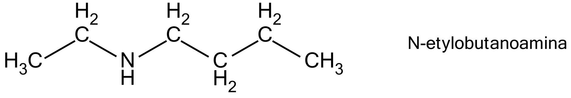 Na ilustracji jest N‑etylobutanoamina. Łańcuch główny w kształcie zygzaka. Od lewej strony zbudowany jest z: grupy metylowej, grupy metylenowej, grupy NH, grupy metylenowej, grupy metylenowej, grupy metylenowej, grupy metylowej. 