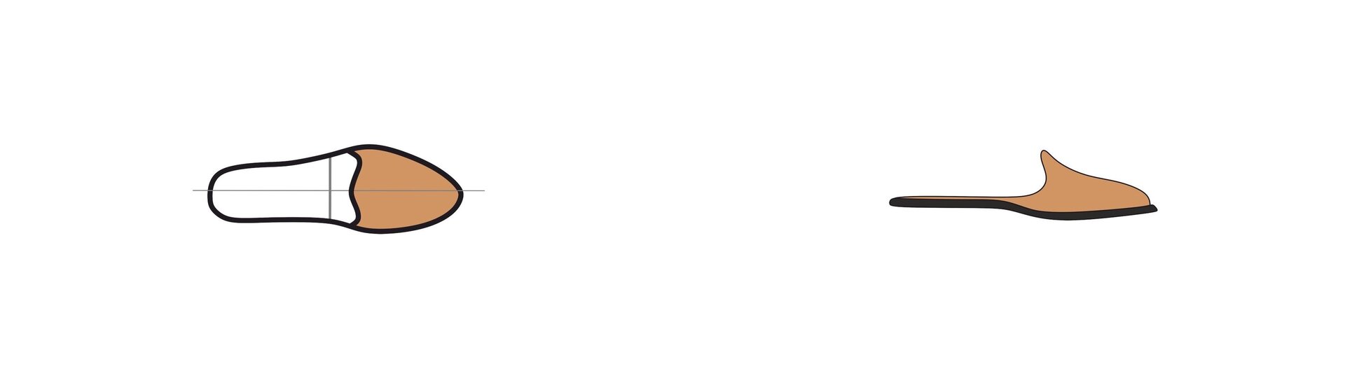 Grafika po lewej przedstawia wkładkę korygującą ubytek w obrębie stopy w miejscu śródstopia i palców, w widoku z boku.
Grafika po prawej przedstawia wkładkę korygującą ubytek w obrębie stopy w miejscu śródstopia i palców, w widoku z góry, z zaznaczoną osią pionową.