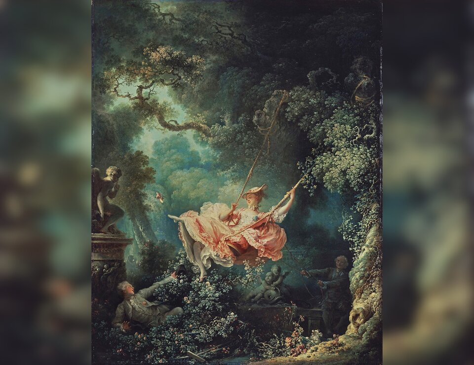 Obraz przedstawia park. W centralnej części znajduje się huśtająca się na huśtawce młoda kobieta. Kobieta ta ubrana jest w elegancką suknię z gorsetem z dużą ilością falbanek. W trakcie huśtania się na huśtawce, kobieta odsłania nogi i wyrzuca w powietrze różowy pantofelek. Na głowie ma słomkowy, pasterski kapelusz. Za kobietą znajduje się starszy mężczyzna, który buja huśtawką przy pomocy lin. Przed kobietą, schowany wśród krzewów róż, leży młody mężczyzna. Z tej pozycji może zajrzeć on pod falujące fałdy kobiecej sukni. W lewej, dłoni wyciągniętej w stronę huśtającej się kobiety, mężczyzna trzyma czarny kapelusz. Nad leżącym mężczyzną znajduje się posąg przedstawiający amorka z palcem na ustach. Obok starszego mężczyzny znajduje się drugi posąg - jest to para przytulających się amorków z delfinem. Te trzy postaci otoczone są bujną, gęstą roślinnością. Jest tu pełno drzew o sękatych pniach i z powykręcanymi gałęziami.