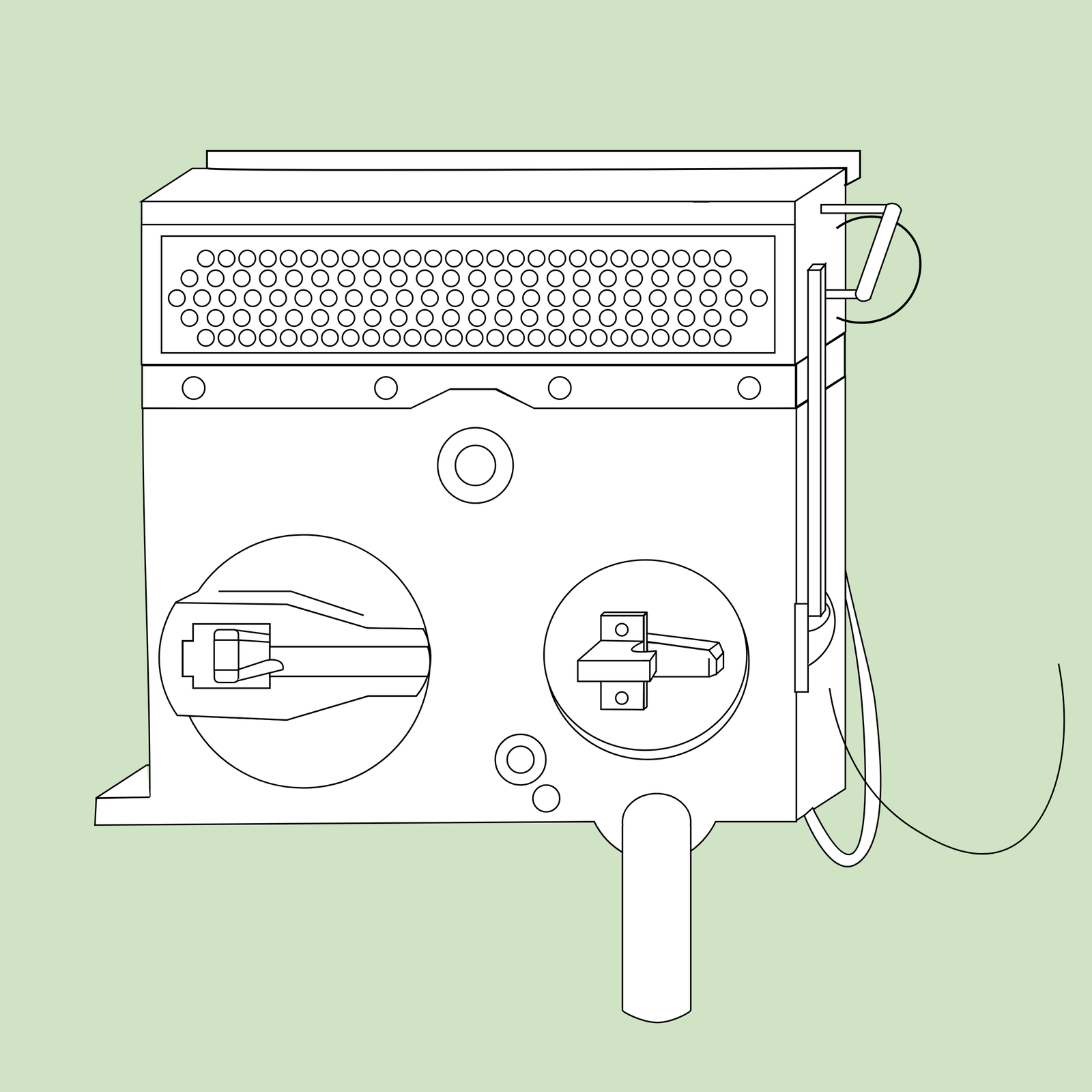 Ilustracja przedstawia schemat sprzęgu Scharfenberga. Ma kształt skrzynki z dźwignią na dole. Na górze skrzynki znajduje się kratka z okrągłymi otworami w pięciu rzędach. Poniżej kratki znajdują się dwa okrągłe otwory z poziomymi elementami sprzęgów.