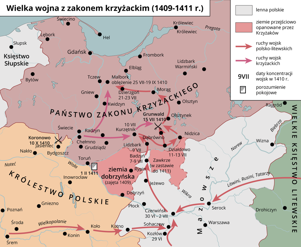 Mapa przedstawia wielką wojnę z zakonem krzyżackim, która toczyła się od 1409 do 1411 roku.  Polskim lennem było Mazowsze. Krzyżacy tymczasowo okupowali ziemię dobrzyńską.  Wojska polskie ruszyły z Wielkopolski, a Litewskie, ruskie i tatarskie z Wielkiego Księstwa Litewskiego i wszystkie spotkały się na Mazowszu. Następnie ruszyły na północ i wkroczyły na teren Państwa Zakonu Krzyżackiego. Po wygranej bitwie pod Grunwaldem, do której doszło 15 lipca 1410 roku, ruszyły w stronę Malborka i oblegały do od 25 lipca do 19 października 1410 roku. Wojska krzyżackie ruszyły z zachodu w stronę Grunwaldu, a następnie do Malborka.  1 lutego 1411 roku doszło do podpisania pokoju w Toruniu. 