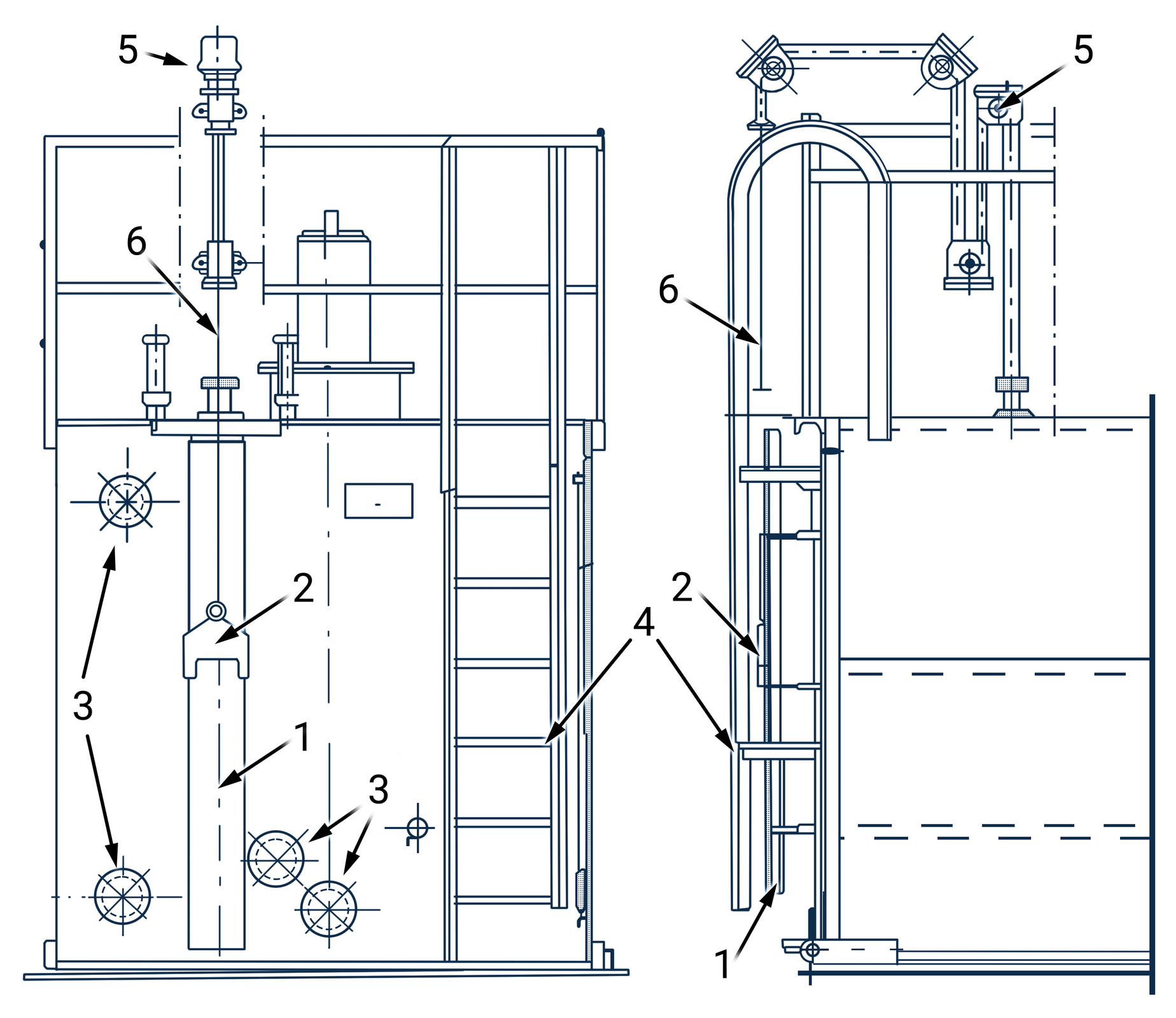 Na zdjęciu przedstawiono czarno‑białe schematy płynowskazu z łatą pomiarową. Po lewej stronie zdjęcia znajduje się przekrój płynowskazy widoczny w rzucie głównym. Po prawej stronie zdjęcia znajduje się rzut boczny płynowskazu. Płynowskaz umożliwia pomiar poziomu cieczy w zbiorniku gdzie jest on sczytywany za pomocą przeźroczystej rurki szklanej lub specjalnej łaty pomiarowej zamontowanej na zbiorniku.Centralnym elementem płynowskazu widocznego w rzucie głównym stanowi prostokątny zbiornik. W prawej części zbiornika widoczna jest drabinka opisana cyfrą dwa. W lewej części zbiornika widać łatę pomiarową wraz z armaturą zewnętrzną na zbiorniku. Na ścianie zbiornika znajdują się cztery okręgi z narysowanym w środku symbolem o kształcie litery iks. Trzy okręgi widoczne są w dolnej części zbiornika a jeden w górnej części. Okręgi są opisane cyfrą trzy  oznaczające kryzy przyłączeniowe. Od górnej części zbiornika praktycznie do dna biegnie cienki prostokątny element o orientacji pionowej. W połowie wysokości elementu znajduje się kształt zbliżony do literki A, jest on opisany cyfrą dwa oznaczającą płynowskaz. Nad górną częścią zbiornika od prostokątnego elementu odchodzą najprawdopodobniej dwa zawory. Są one rozmieszczone po dwóch stronach łaty pomiarowej. Elementy są w kształcie cienkich pionowych prostokątów. Przez prostokątny element łaty pomiarowej biegnie cienka czarna lina opisana cyfrą sześć. Jest to linka stalowa. Linka łączy układ przełożenia linki stalowej opisany cyfrą pięć, który znajduje się na łata pomiarowa z płynowskazem.Na zdjęciu po prawej stronie widoczny jest płynowskaz w rzucie bocznym. Zbiornik jest w kształcie prostokąta. Po prawej stronie zbiornika znajduje się drabina opisana cyfrą cztery oraz płynowskaz. Płynowskaz jest równolegle umieszczony względem bocznej krawędzi zbiornika. W górnej części zbiornika po lewej stronie znajduje się czarna linka opisana cyfrą sześć jest to linka stalowa. W prawej części zbiornika powyżej górnej jego krawędzi znajduje się element z bloczkiem opisany cyfr pięć. Jest to układ przełożenia linki stalowej.