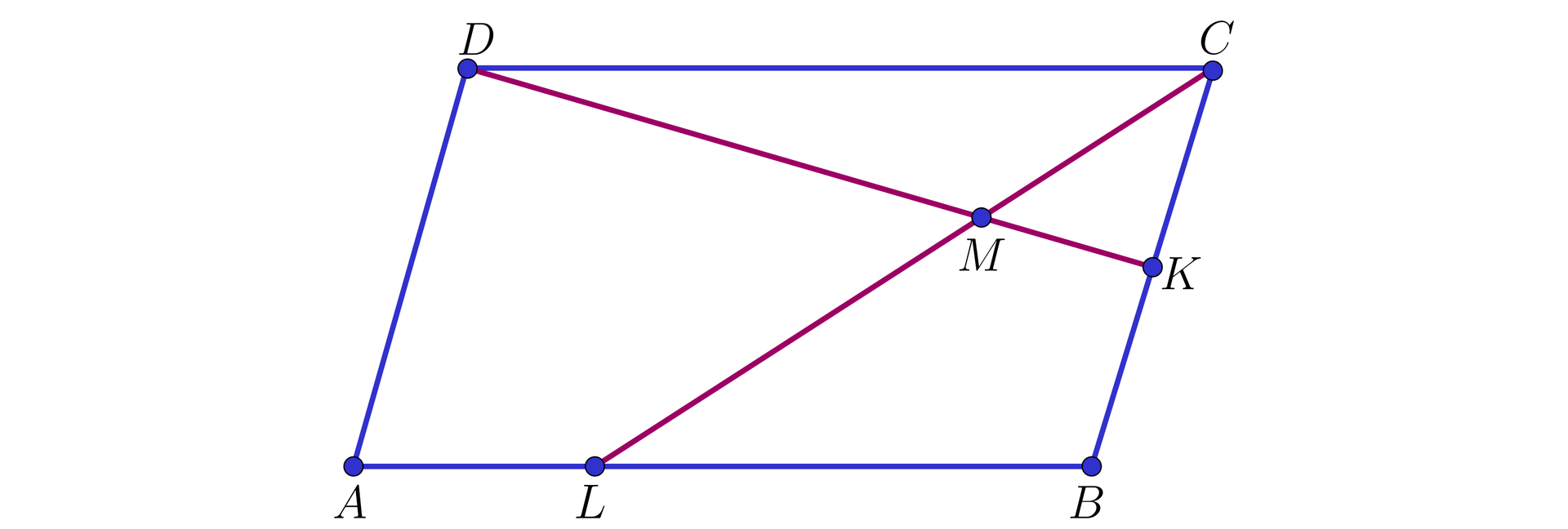 Na ilustracji przedstawiono równoległobok ABCD, o podstawie dolnej AB i górnej CD. Na boku BC zaznaczono punkt K, stanowiący jego środek. Na boku AB zaznaczono punkt L, taki że, odległość punktu L od wierzchołka B jest dwukrotnie większa od jego odległości od wierzchołka A. Połączono wierzchołek D z punktem K, oraz wierzchołek C z punktem L. Odcinki przecinają się w punkcie M.