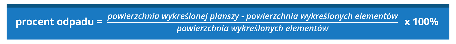 Grafika przedstawia następujący wzór: procent odpadu równa się powierzchnia wykreślonej planszy minus powierzchnia wykreślonych elementów na powierzchnię wykreślonych elementów razy 100%. 