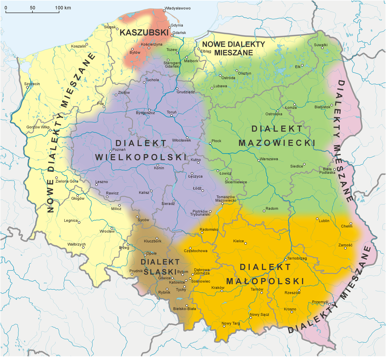 Mapa przedstawiająca zasięg dialektów języka polskiego w granicach Polski: dialekt wielkopolski (województwo kujawsko‑pomorskie, prawie całe województwo wielkopolskie oraz południowo‑wschodnia część województwa pomorskiego); dialekt śląski (południowo‑wschodni kraniec województwa wielkopolskiego, prawie całe województwo opolskie, część zachodnia województwa śląskiego); dialekt małopolski (województwo świętokrzyskie, małopolskie, podkarpackie, południowo‑wschodnia część województwa łódzkiego, część wschodnia województwa śląskiego, południowa część województwa mazowieckiego w okolicach Radomia, południowa część województwa lubelskiego do miasta Lublin); dialekt mazowiecki (województwo podlaskie, południowo‑wschodnia część województwa warmińsko‑mazurskiego, prawie całe województwo mazowieckie, północno‑wschodni skrawek województwa łódzkiego i północny województwa lubelskiego); nowe dialekty mieszane (województwo zachodniopomorskie, lubuskie, dolnośląskie oraz część zachodnia województwa pomorskiego i część północno‑zachodnia województwa warmińsko‑mazurskiego); dialekty mieszane (obejmują wąski pas wzdłuż wschodniej granicy Polski – wschodnią część województwa podlaskiego, lubelskiego i podkarpackiego). Dialekt wielkopolski obejmuje obszar, na którym znajdują się miasta Grudziądz, Tuchola, Złotów, Piła, Bydgoszcz, Toruń, Włocławek, Poznań, Konin, Leszno, Rawicz, Kalisz, Kutno, Łęczyca, Łódź, Sieradz. Dialekt śląski obejmuje obszar, na którym znajdują się miasta Syców, Kluczbork, Opole, Prudnik, Gliwice, Bytom, Katowice, Tychy, Rybnik, Bielsko‑Biała. Dialekt małopolski obejmuje obszar, na którym znajdują się miasta Piotrków Trybunalski, Tomaszów Mazowiecki, Radomsko, Radom, Lublin, Chełm, Zamość, Częstochowa, Kielce, Tarnobrzeg, Dąbrowa Górnicza, Sosnowiec, Kraków, Tarnów, Rzeszów, Krosno, Nowy, Sącz, Nowy Targ. Dialekt mazowiecki obejmuje obszar, na którym znajdują się miasta Tczew, Malbork, Starogard Gdański, Płock, Lubawa, Ostróda, Olsztyn, Ełk, Suwałki, Białystok, Łomża, Ostrołęka, Warszawa, Siedlce, Biała Podlaska, Łowicz, Skierniewice, Biała Podlaska. Nowe dialekty mieszane obejmują obszar, na którym znajdują się miasta: Szczecin, Koszalin, Słupsk, Gorzów Wielkopolski, Zielona góra, Głogów, Milicz, Legnica, Wałbrzych, Wrocław, Brzeg, Elbląg. Dialekty mieszane obejmują obszar, na którym znajdują się miasta Przemyśl, Włodawa, Hrubieszów, Lubaczów. Na mapie zaznaczono również teren występowania języka kaszubskiego, który występuje w środkowej części województwa pomorskiego, obejmuje miasta: Władysławowo, Gdynia, Gdańsk, Kościerzyna, Bytów.