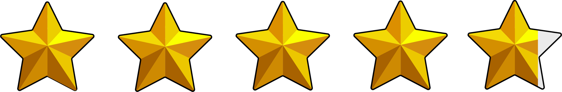 Grafika przedstawia pięć złotych, pięcioramiennych gwiazdek ułożonych w szereg. Ostatnia gwiazdka nie jest w pełni wybarwiona na złoto. Jedno ramię i fragment drugiego ramienia są w szarym kolorze. 