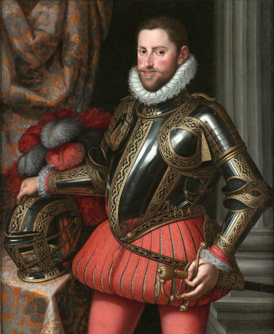 Obraz przedstawia Ernesta z Austrii. Ma on krótkie brązowe włosy o brodę. Jest ubrany w ciemną zbroję ze złotymi zdobieniami i czerwone spodnie. Prawą rękę trzyma na hełmie, który leży na stole, a w lewej trzyma miecz. 