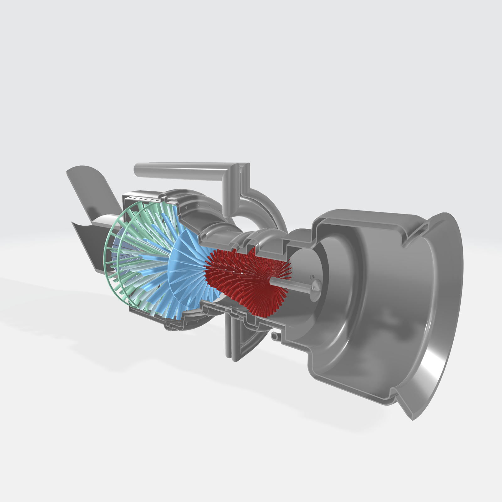 Przedstawiona grafika ukazuje przekrój sprężarki osiowej, gdzie widać wał wirnika. Na powierzchni wału umieszczone są łopatki, które pełnią ważną rolę w procesie sprężania gazu. Na początku wału są one niewielkich rozmiarów, natomiast kolejne łopatki rosną wraz z odległością od początku wału. Takie rozmieszczenie wpływa na wydajność sprężarki. 