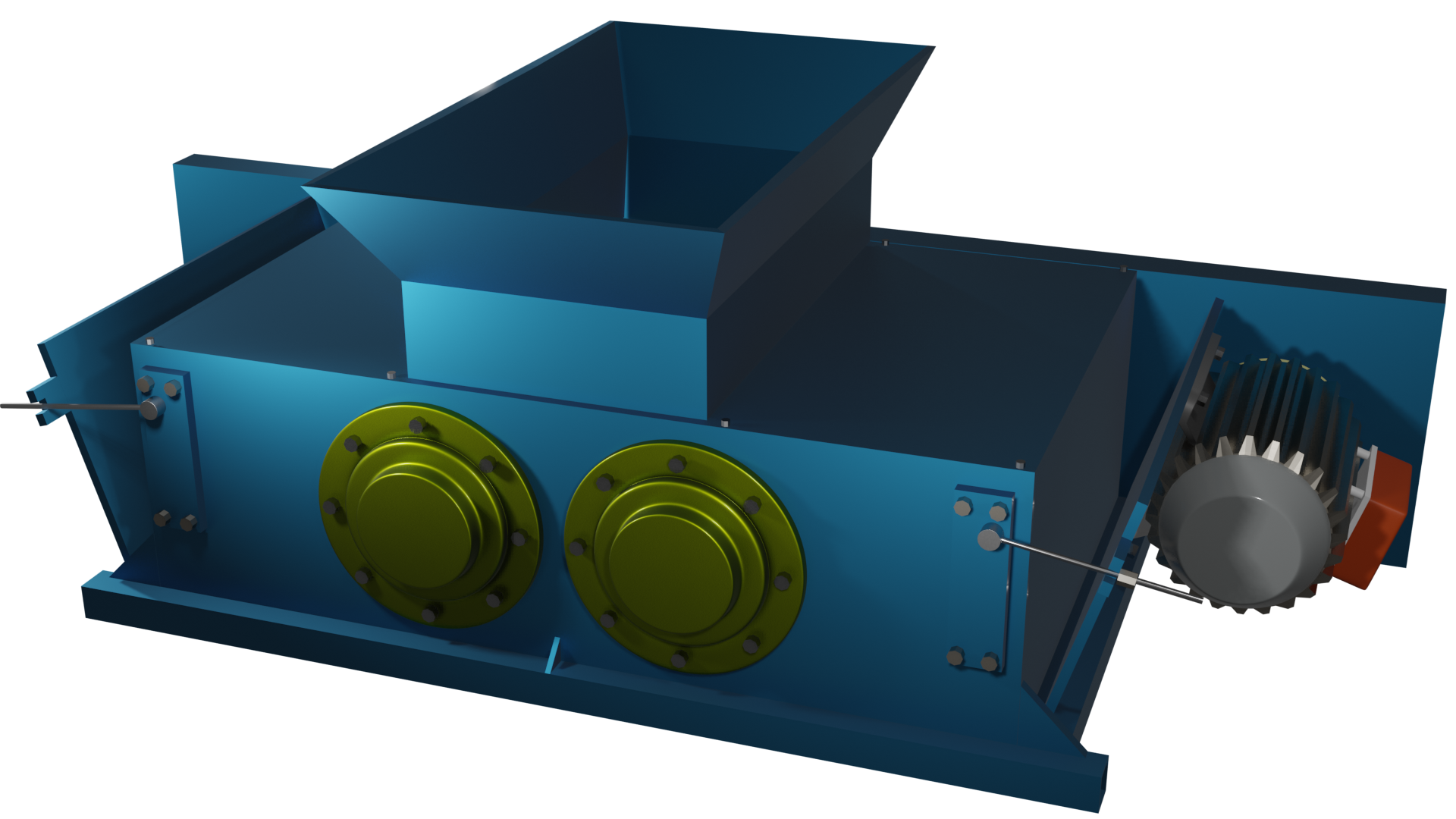 Ilustracja przedstawia model kruszarki walcowej. Urządzenie składa się z prostopadłościennej obudowy. Na prawym boku zamontowany jest silnik napędowy. U góry obudowy znajduje się rozszerzający się ku górze otwór wlotowy. We wnętrzu znajdują się dwa walce zorientowane poziomo. Ich boki są równoległe.