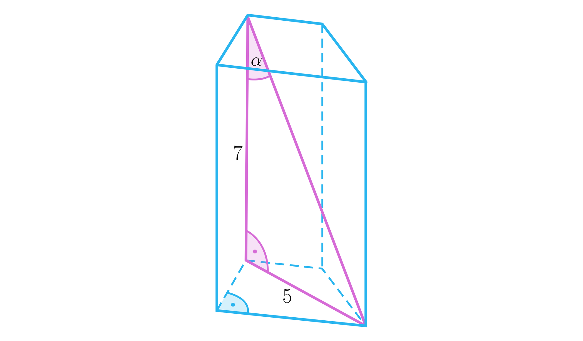 Rysunek przedstawia graniastosłup. Podstawą graniastosłupa jest trapez prostokątny. W graniastosłup został wpisany trójkąt prostokątny. Pierwszą przyprostokątną trójkąta stanowi krawędź boczna graniastosłupa o długości 7. Drugą przyprostokątną stanowi przekątna trapezu, który jest podstawą graniastosłupa, przyprostokątna ta ma długość 5. Trzeci bok, czyli przeciwprostokątna, to przekątna graniastosłupa. Pomiędzy linią będącą krawędzią graniastosłupa a linią będącą przekątną graniastosłupa zaznaczony został kąt. Kąt ten podpisano literą alfa. 